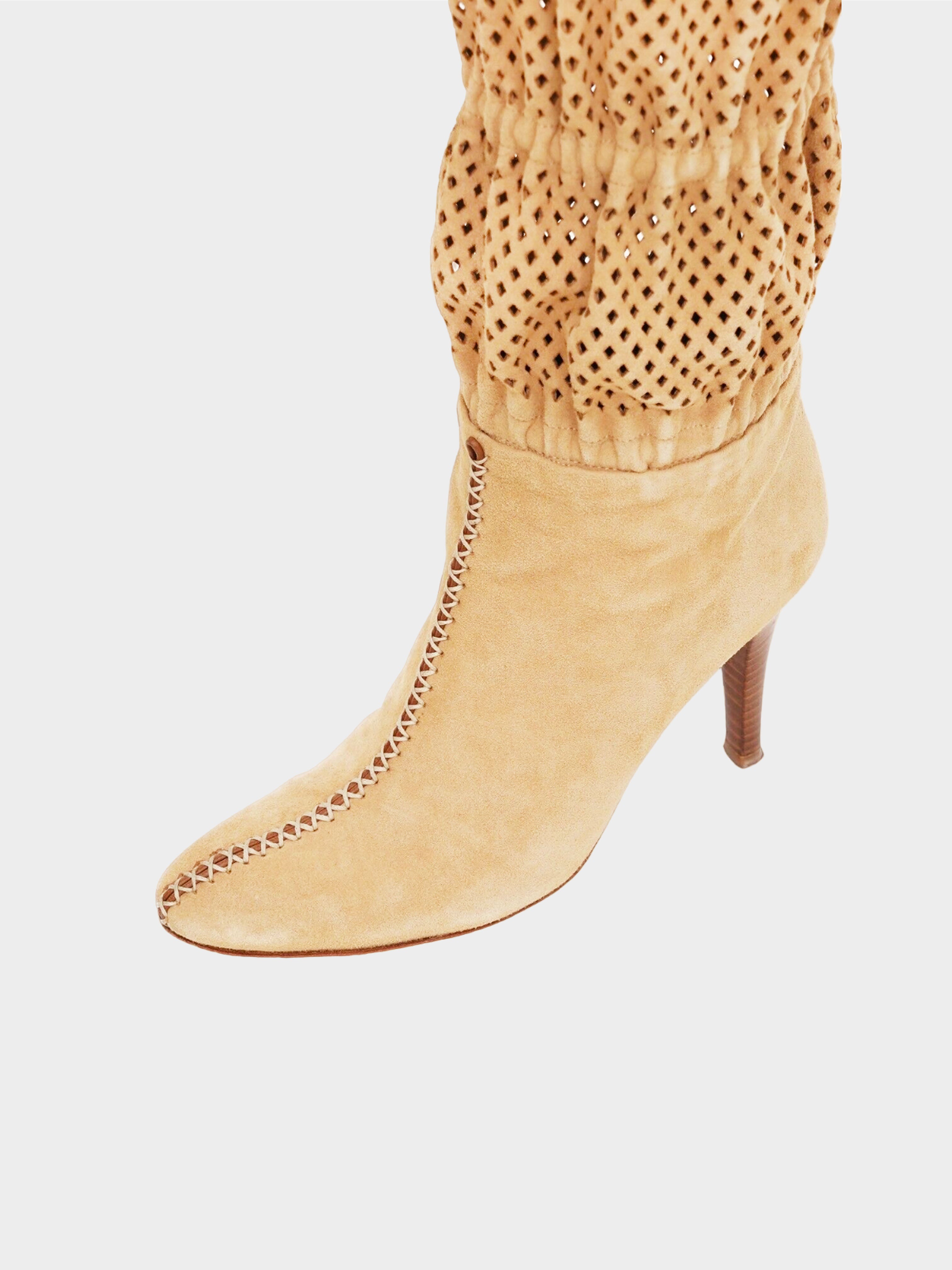 Roberto Cavalli 2000s Beige Perforated Knee Length Suede Boots