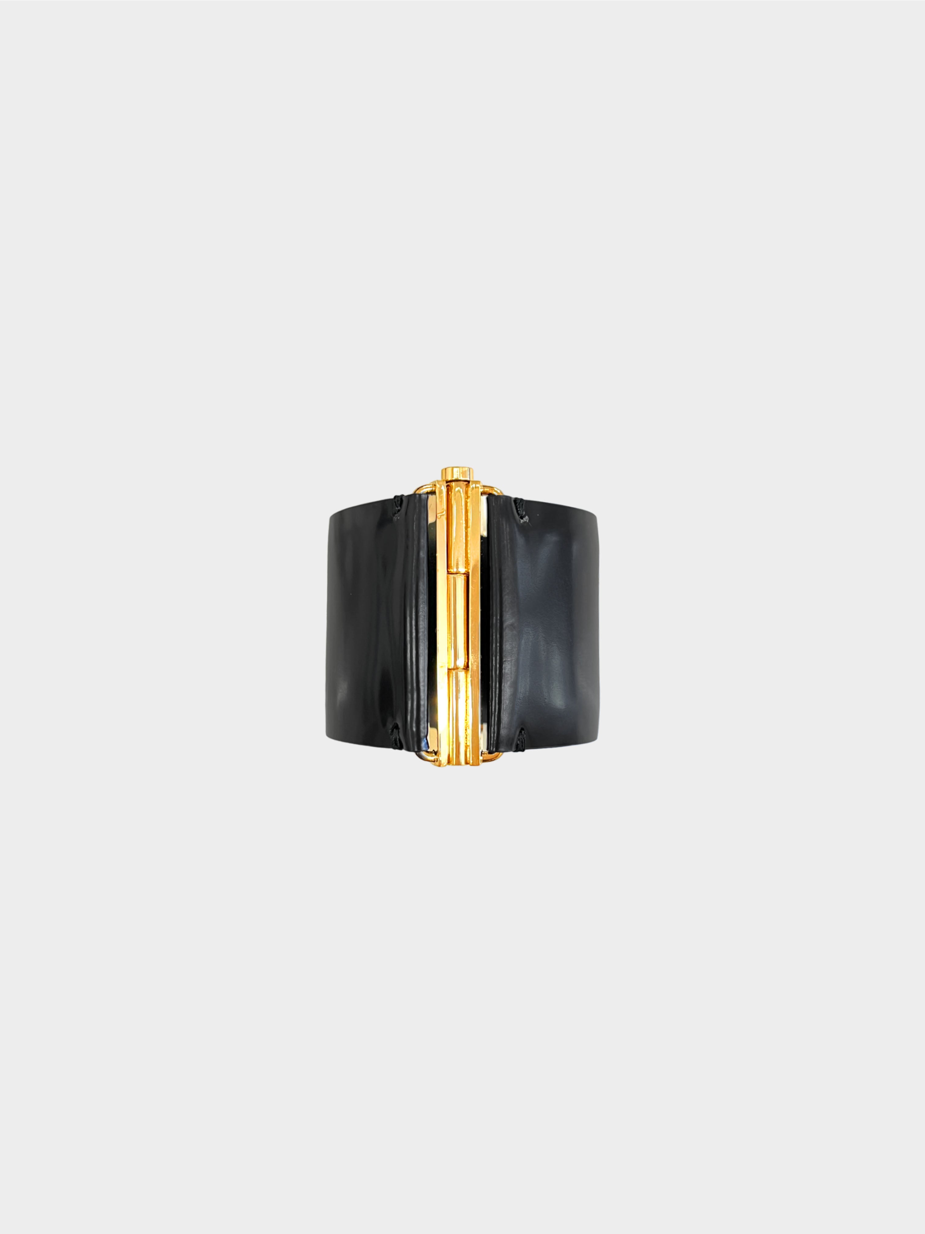 Chanel 2017 Black Rhinestone Camellia Leather Cuff Bracelet