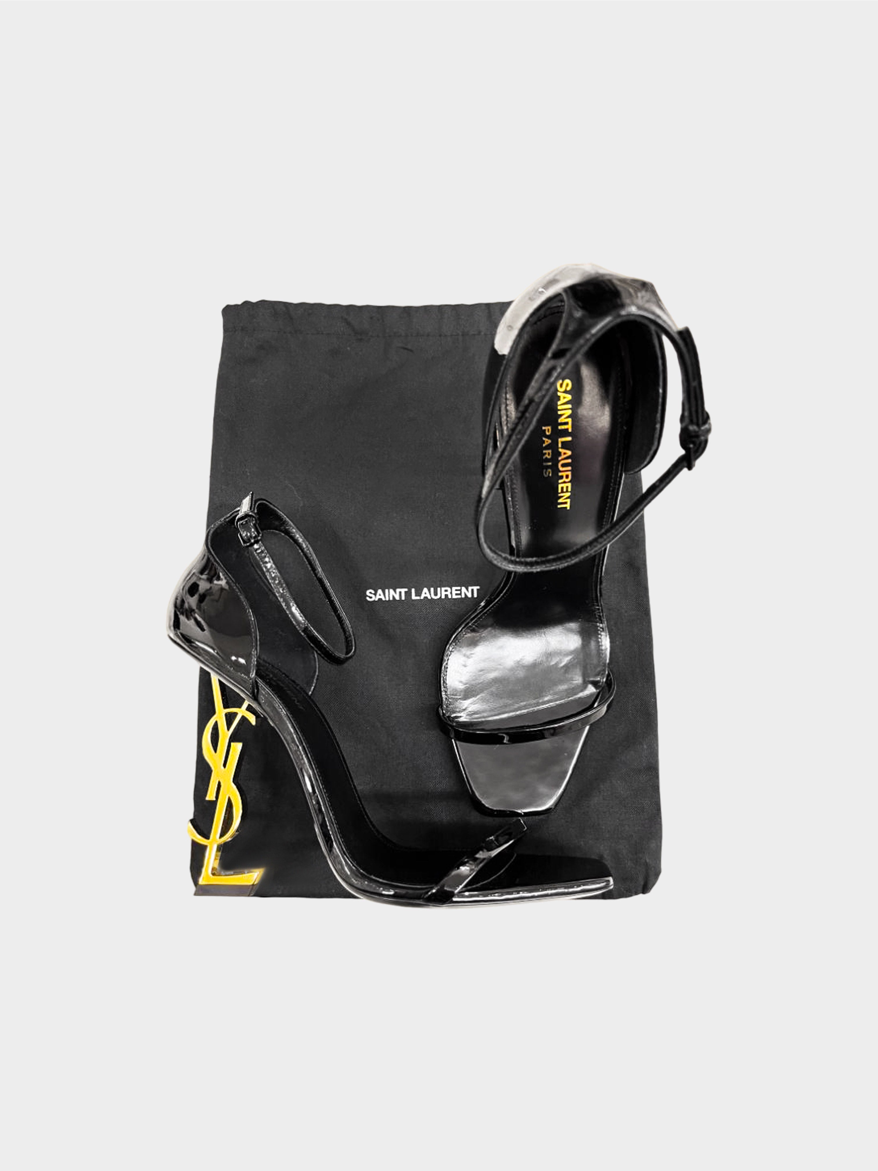 Saint Laurent 2020s Black and Gold Opyum Patent Sandals