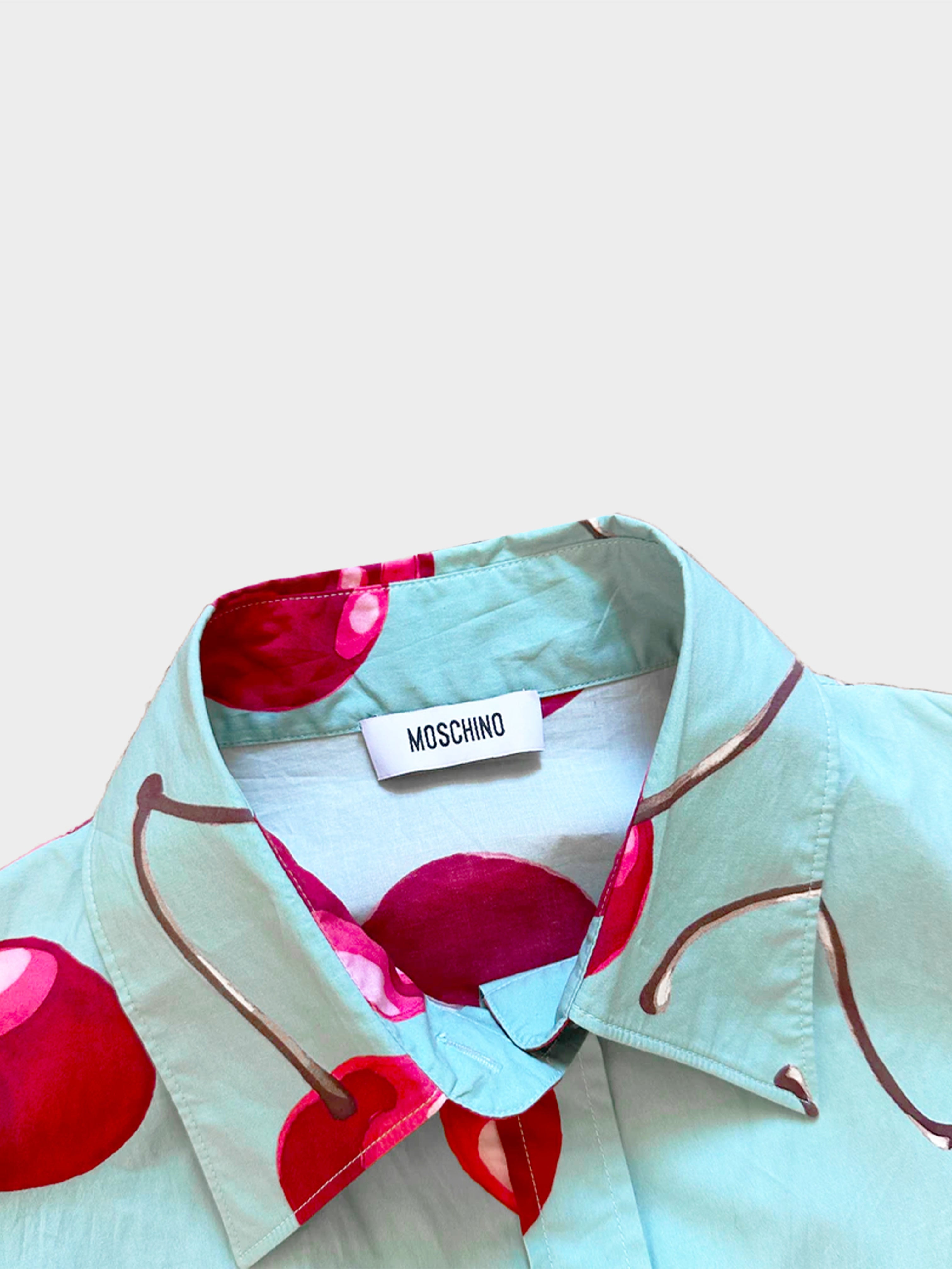Moschino SS 2010 Blue Button Tape Cherry Print Collar Dress