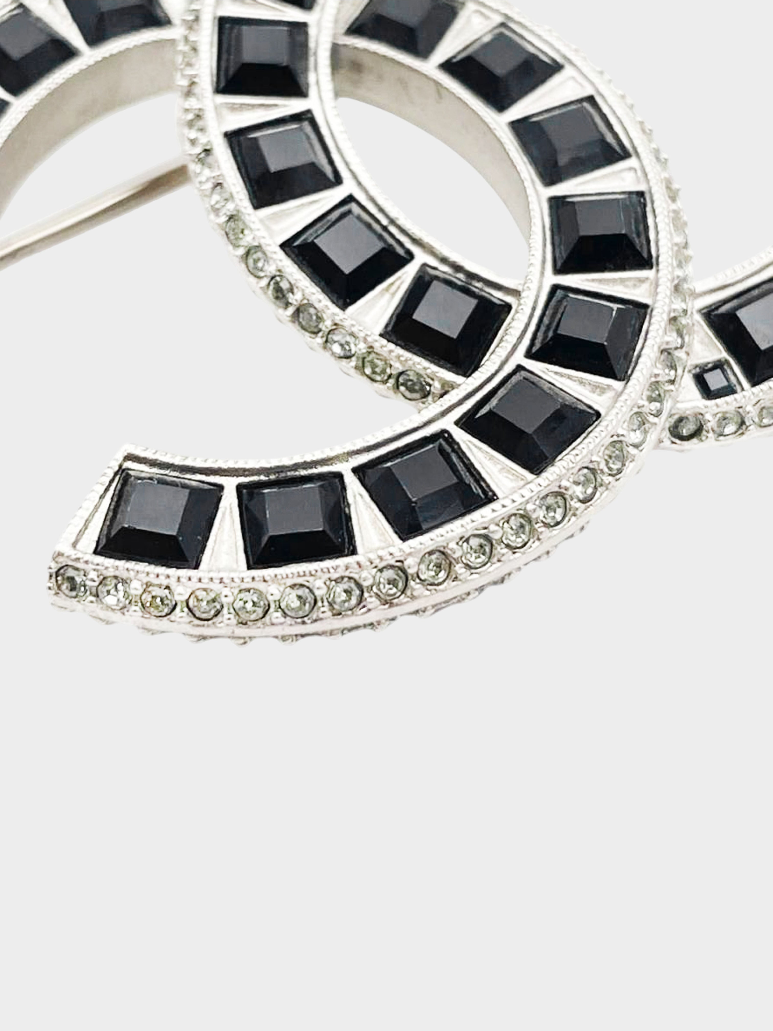 Chanel 2015 Silver and Black Rhinestone CC Brooch