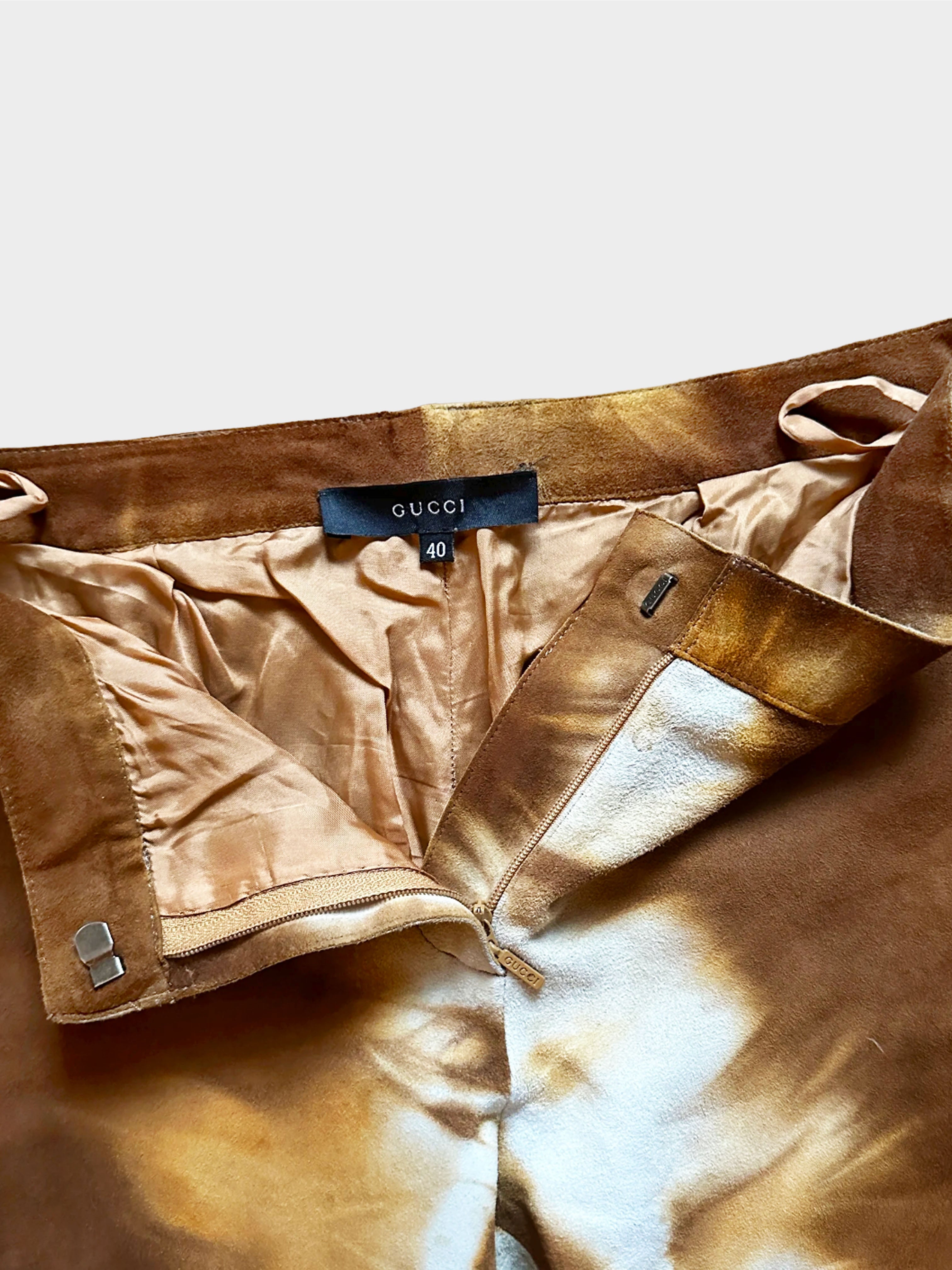 Gucci by Tom Ford FW 1999 Brown Tie Dye Suede Flared Pants