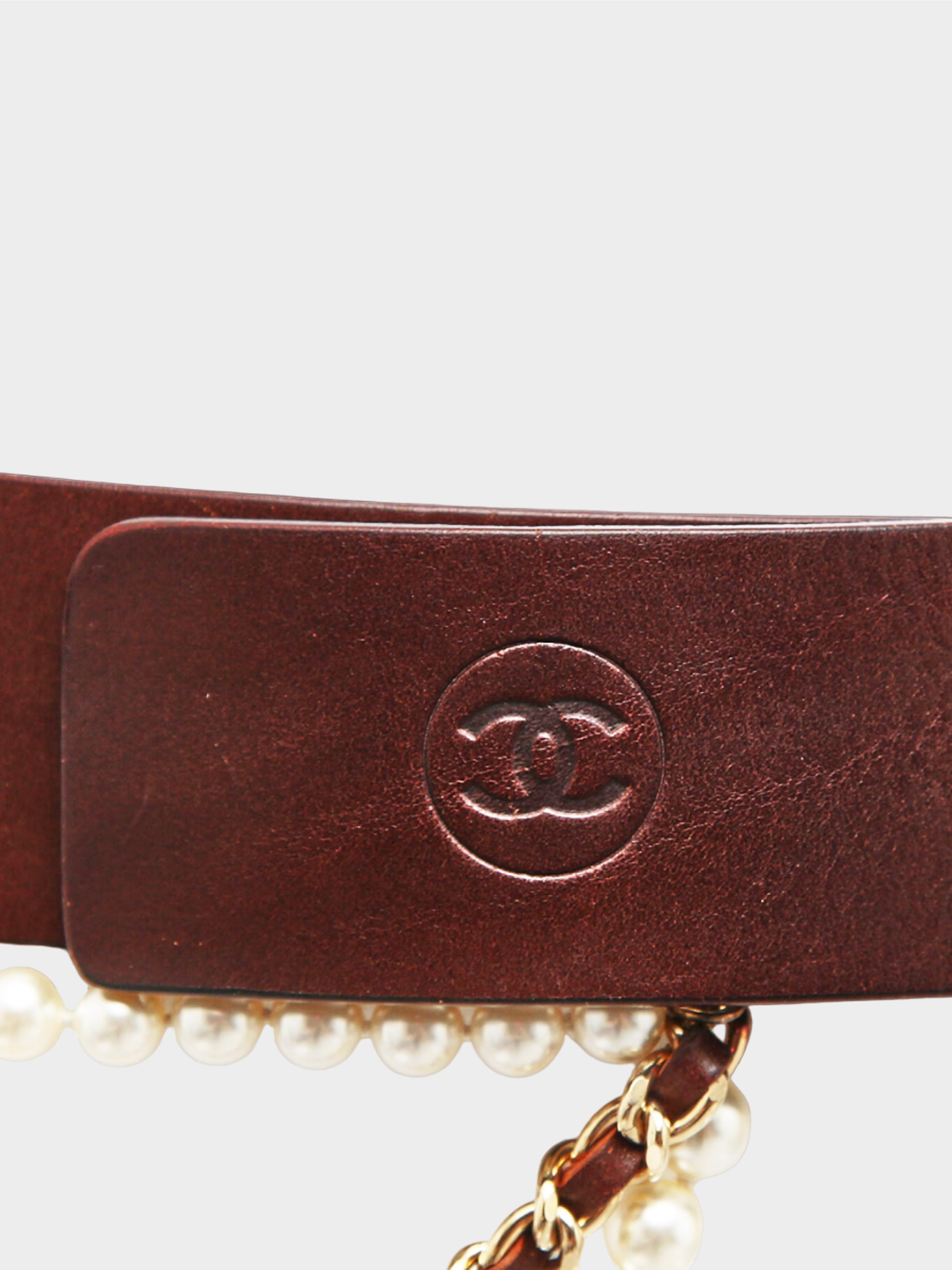 Chanel SS 2002 Brown Leather and Faux Pearl Belt