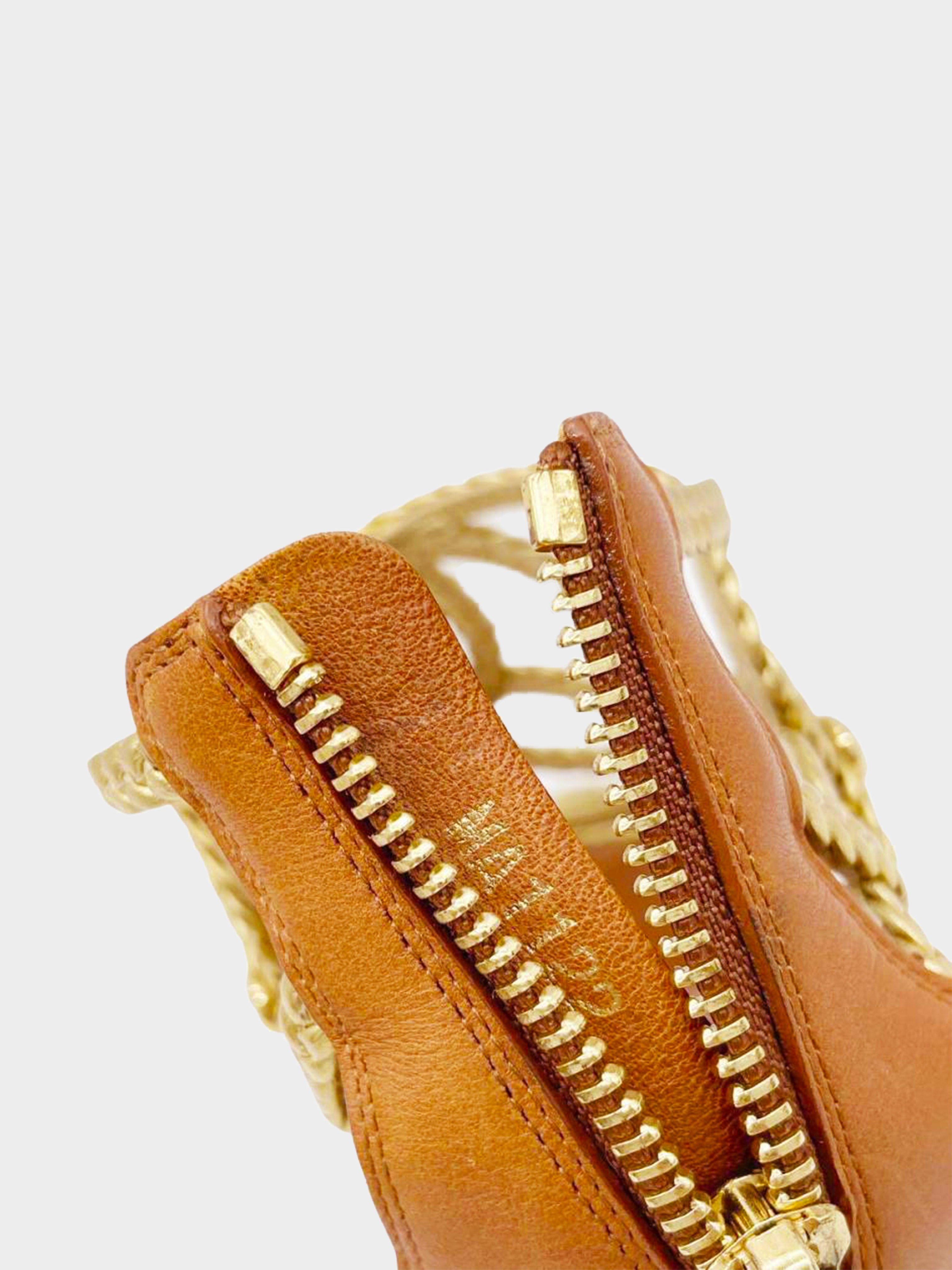 Louis Vuitton 2012 Gold Braided Leather Kilim Wedge Sandals