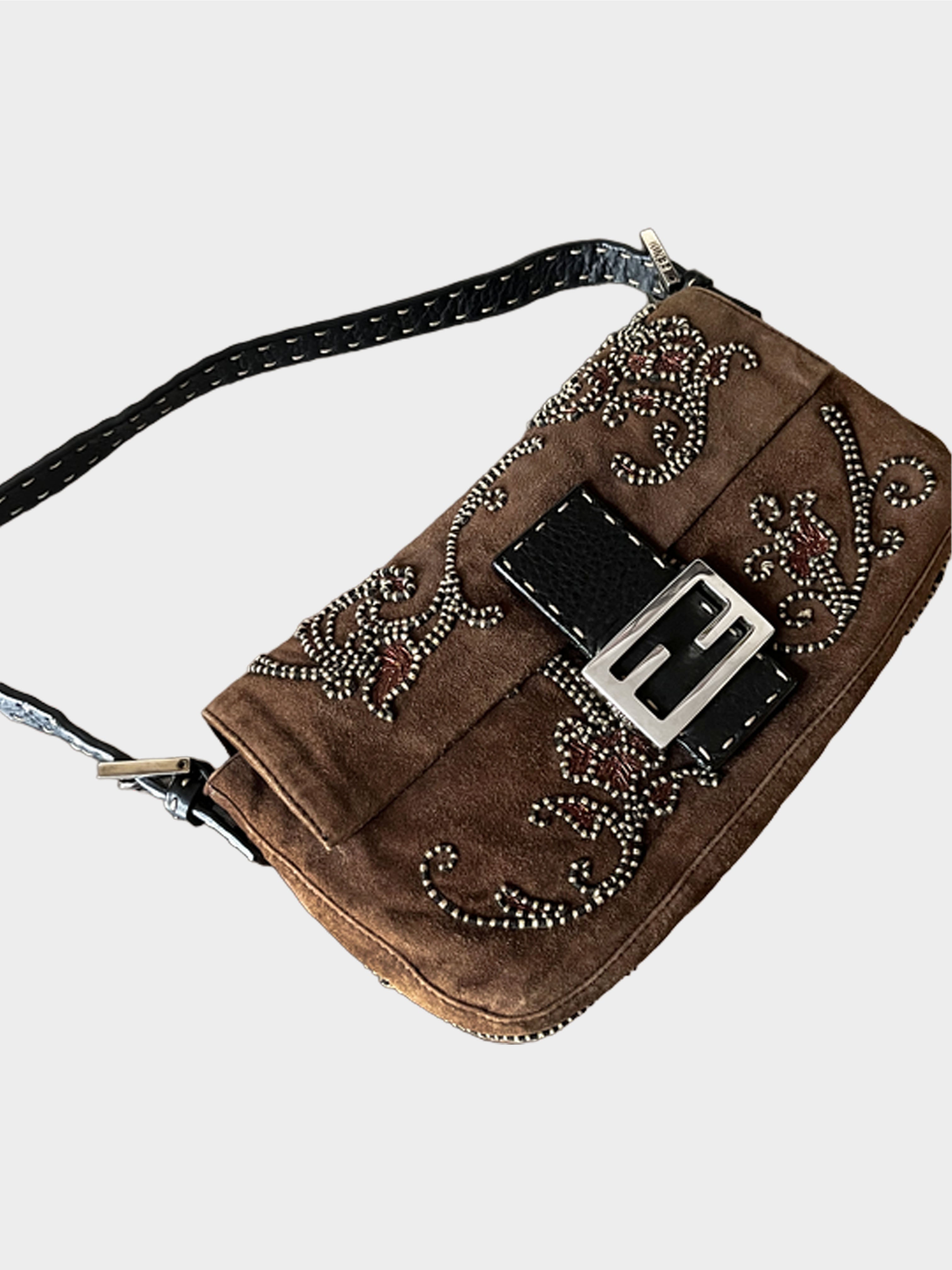 Fendi 2000s Brown Suede Embroidered Baguette