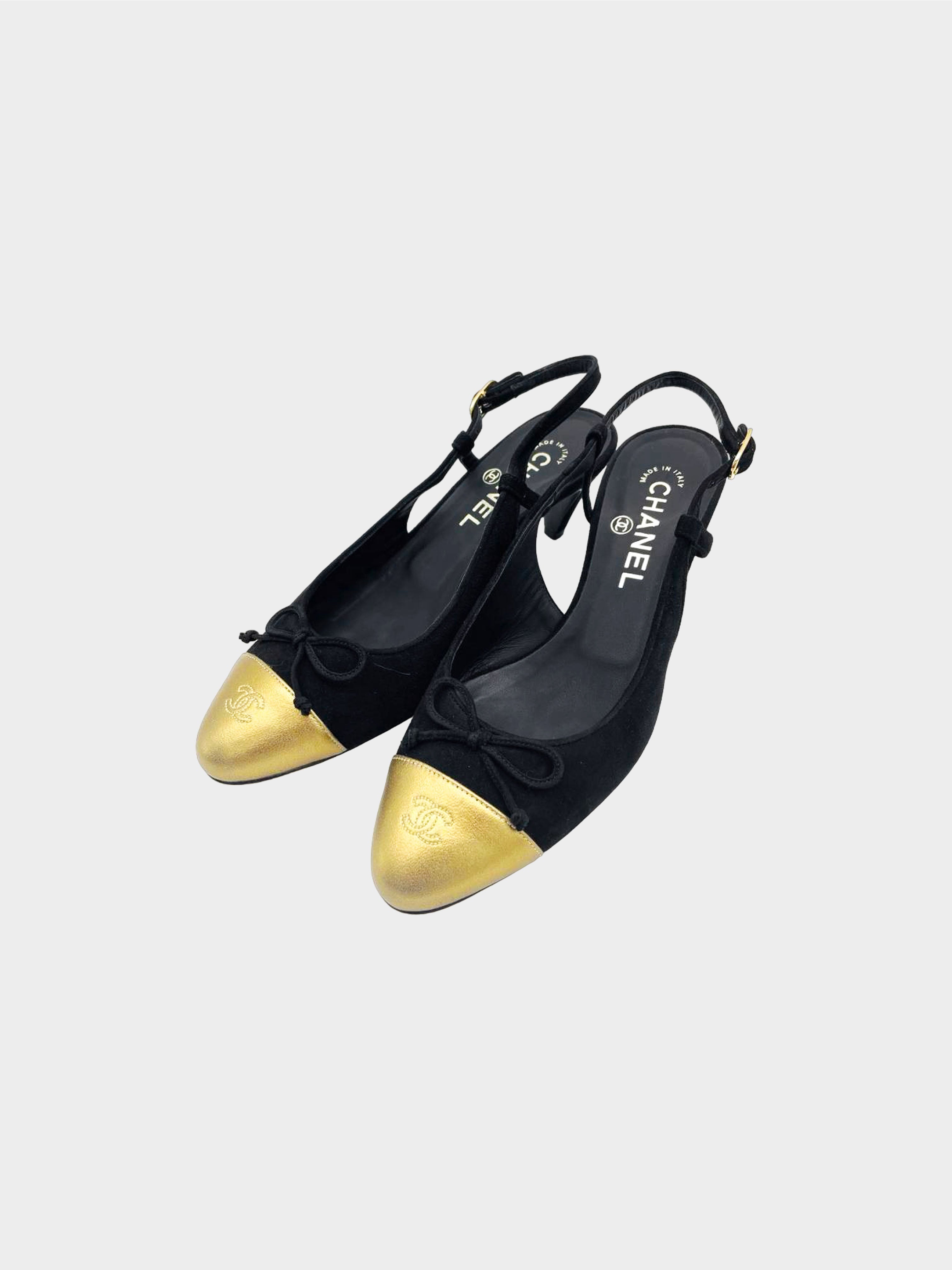 Chanel 2000s Black and Gold Two-toned Slingback Heels