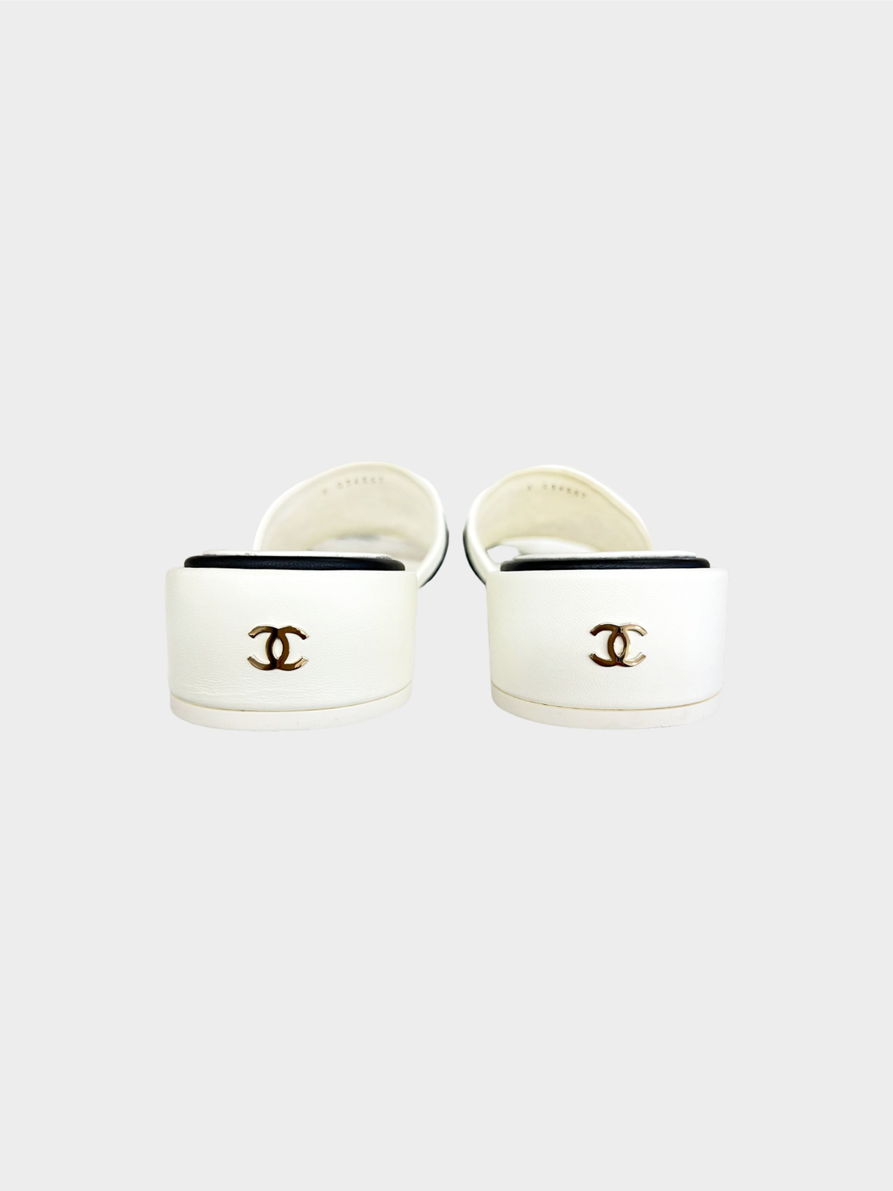 Chanel 2020s Ivory and Black Embroidered Logo Lambskin Leather Mules