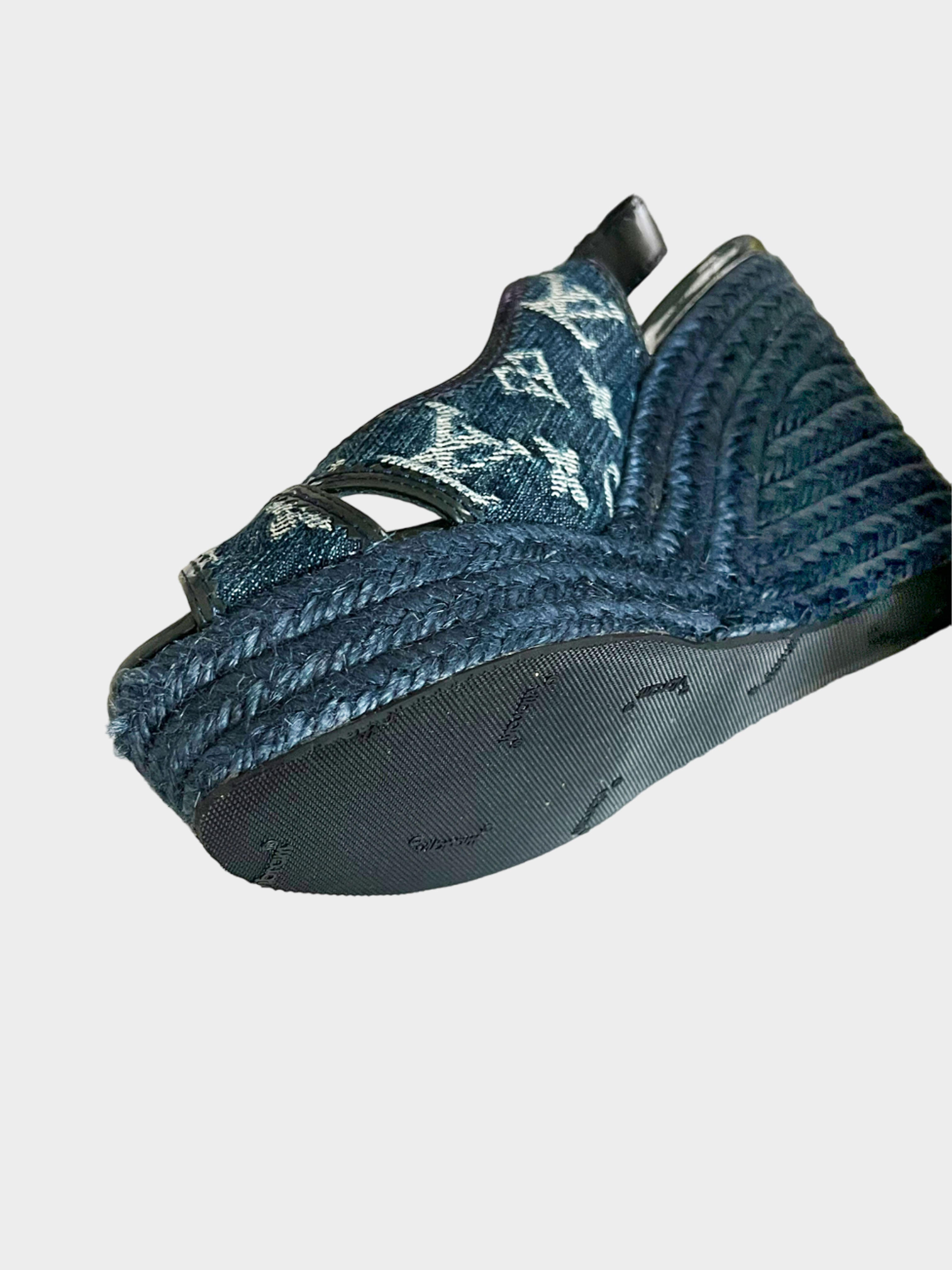 Louis Vuitton Early 2010s Navy Denim Slingback Espadrille Wedge Sandals