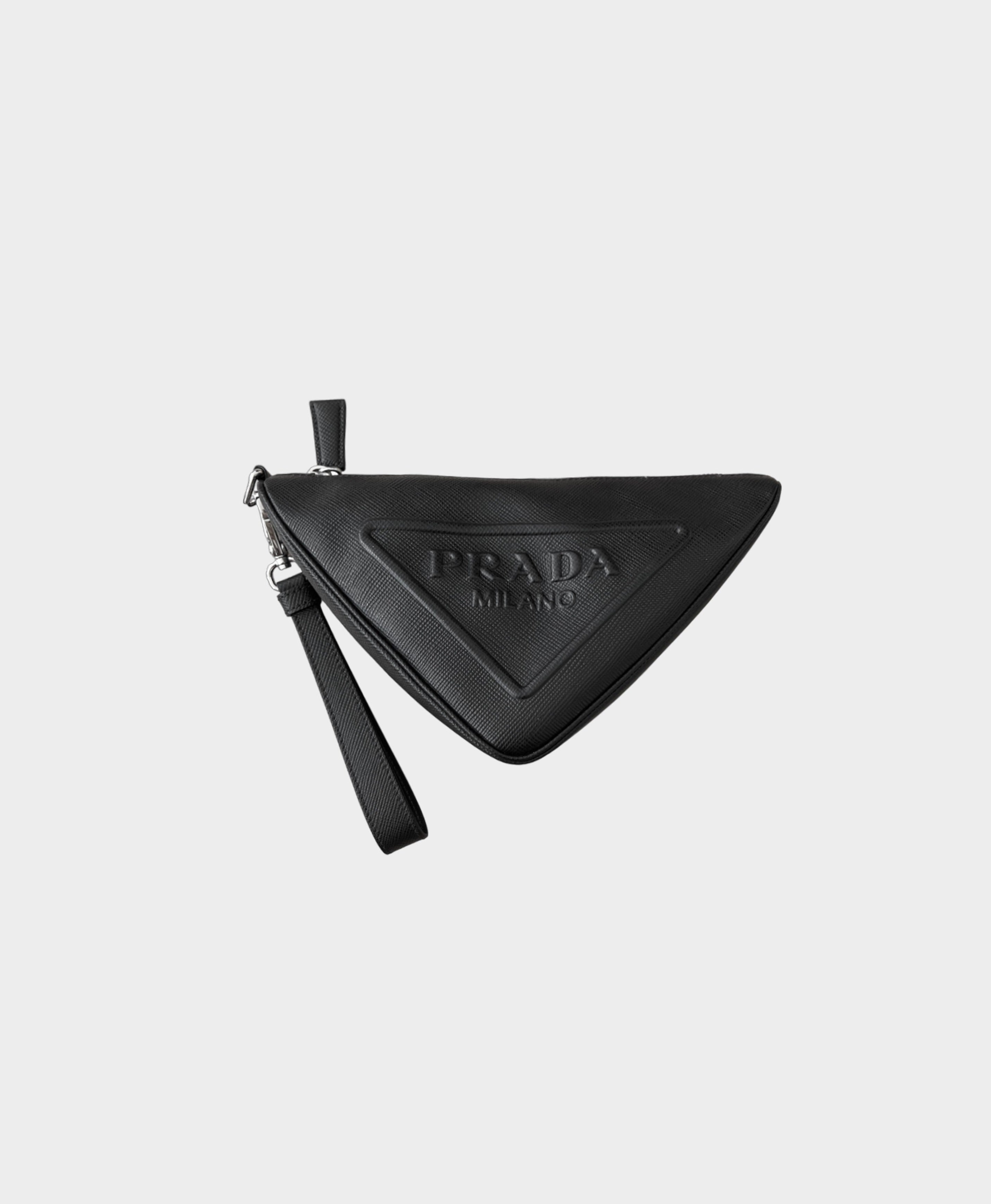 Prada 2020s Black Cross-Grain Leather Triangle Clutch Bag