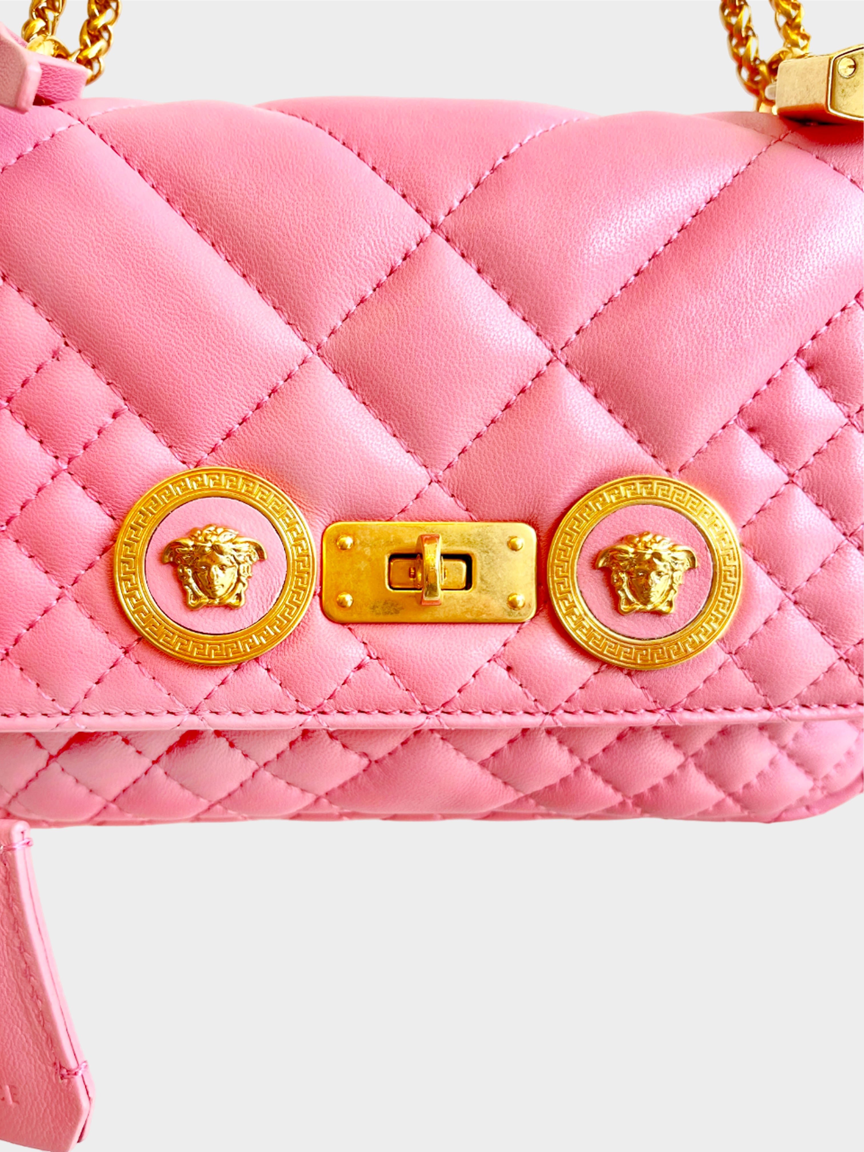 Versace 2010s Pink Quilted Leather Medusa Flap Bag