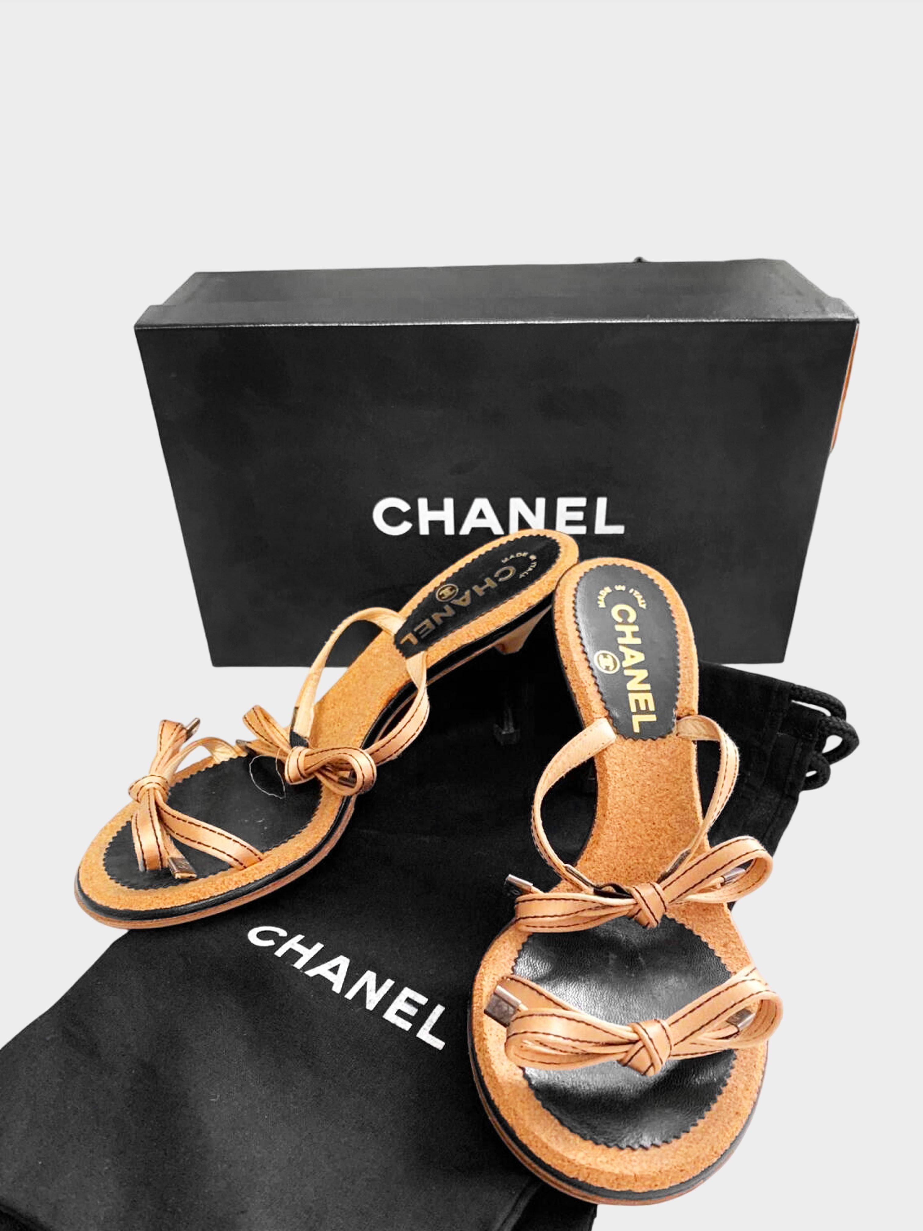 Chanel 2000s Brown Satin Bow Motif Cork Heels