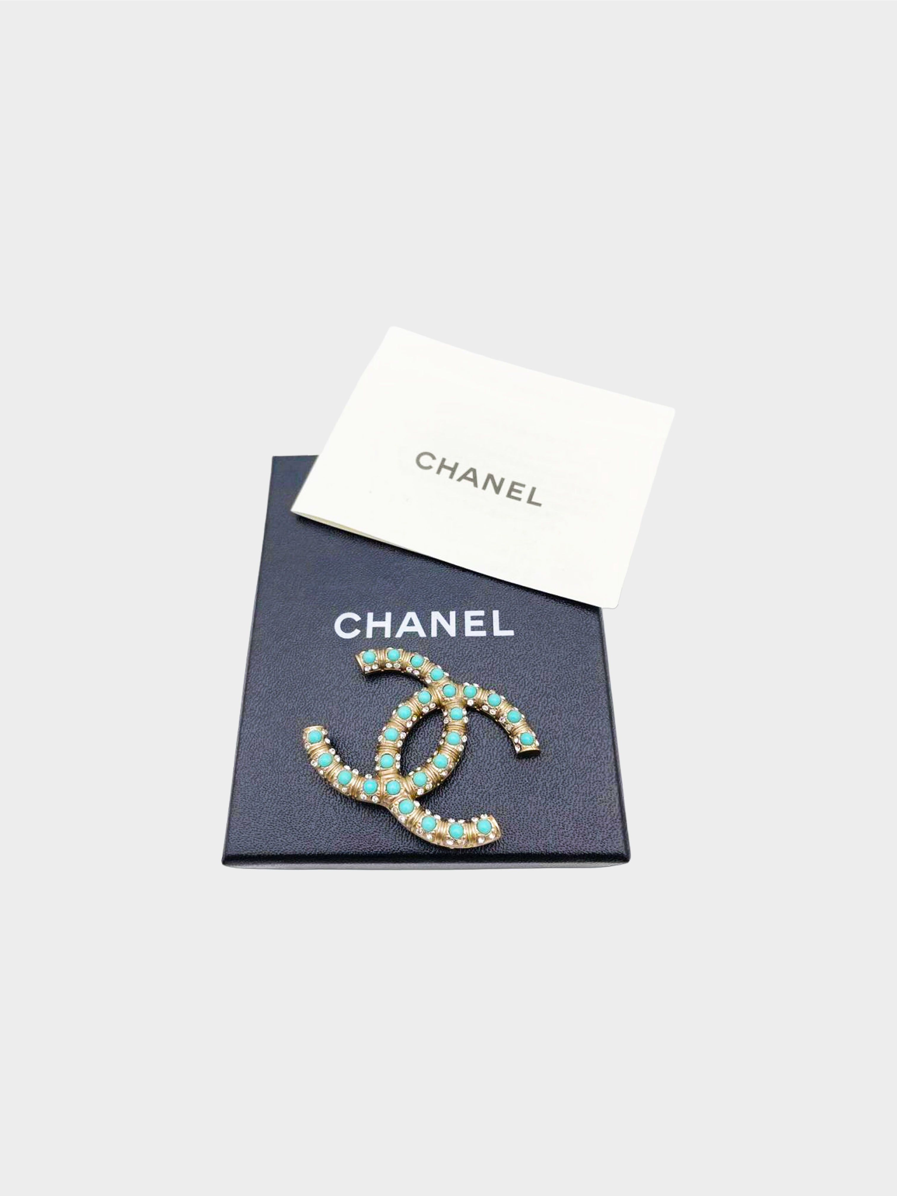 Chanel 2008 Champagne Gold CC Turquoise Studded Rhinestone Brooch