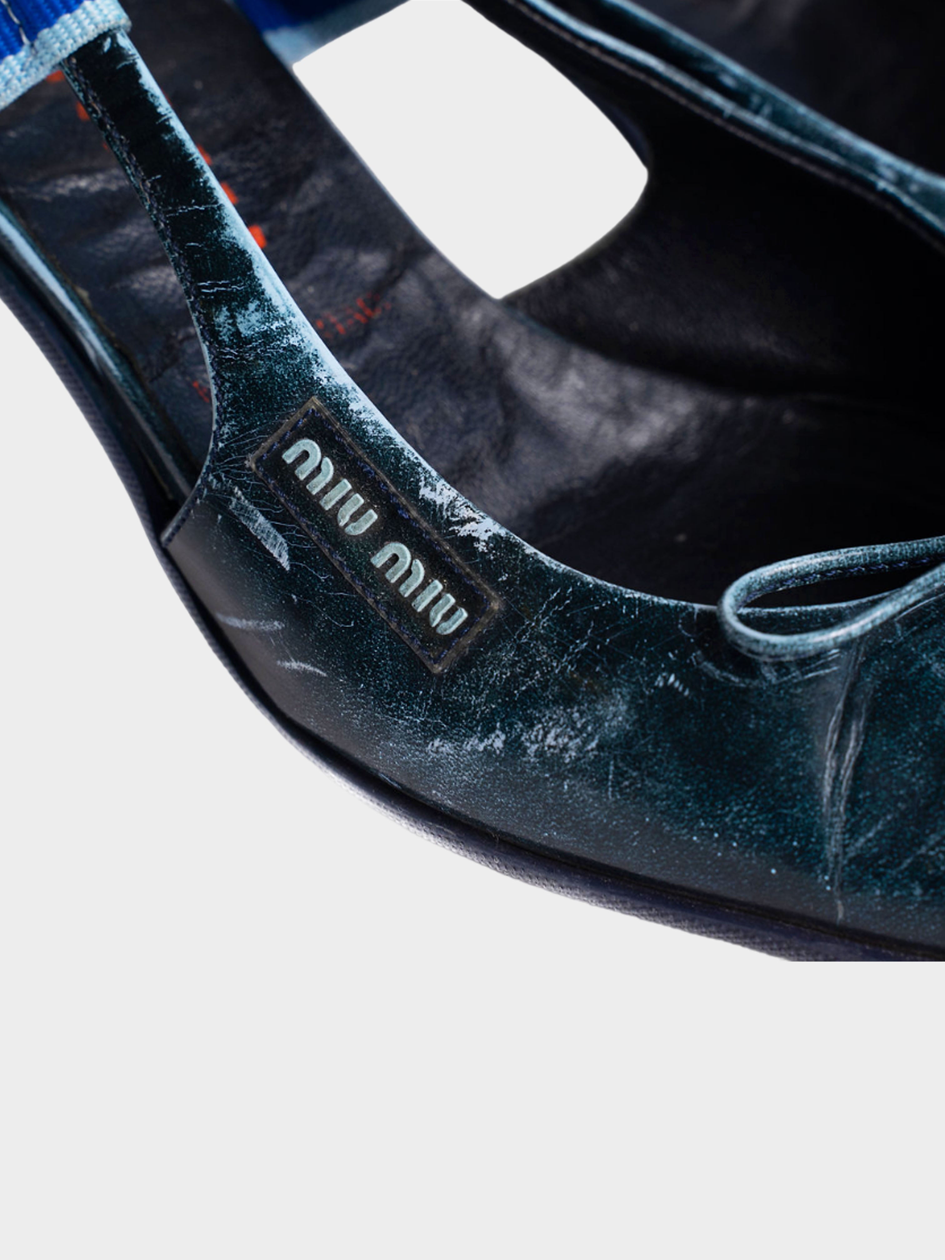 Miu Miu SS 2000 Rare Blue "Distressed Leather" Bow Heels