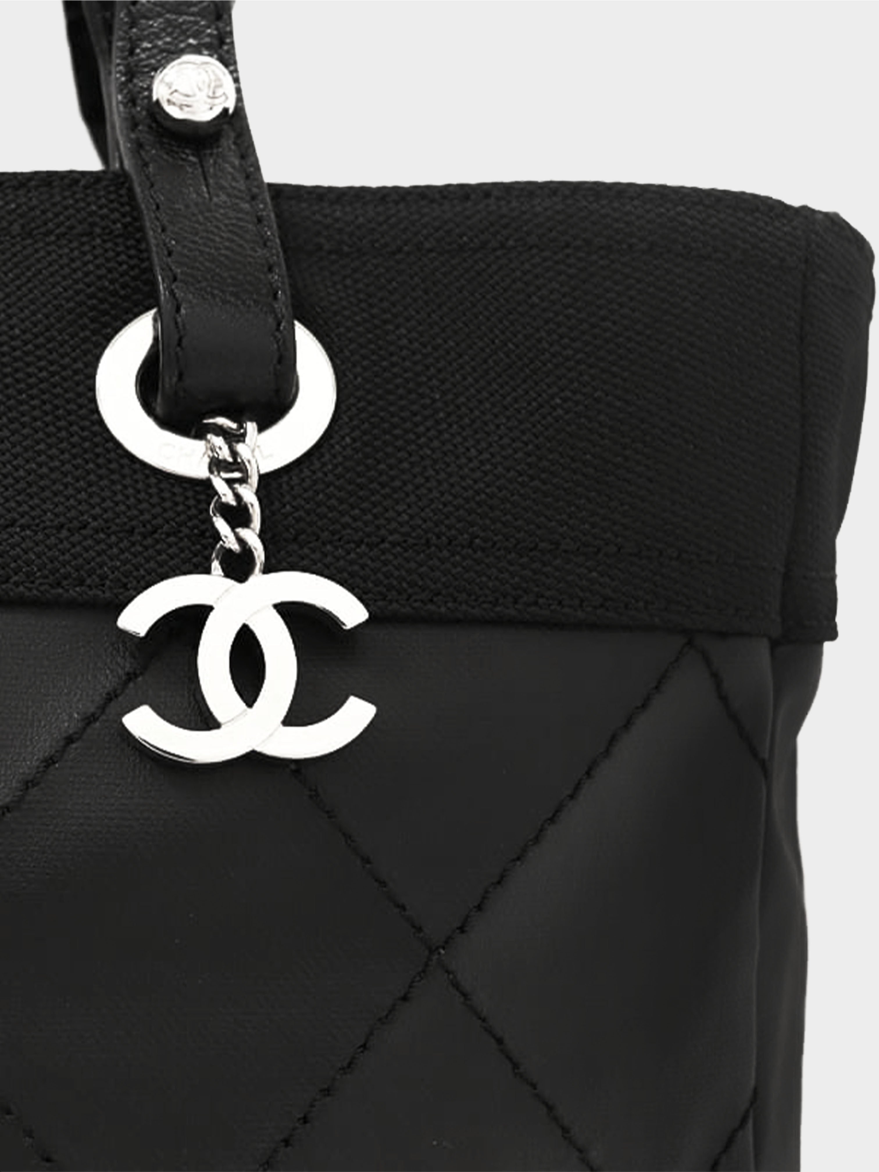 Chanel Paris CC Black Canvas White Leather Tote Bag