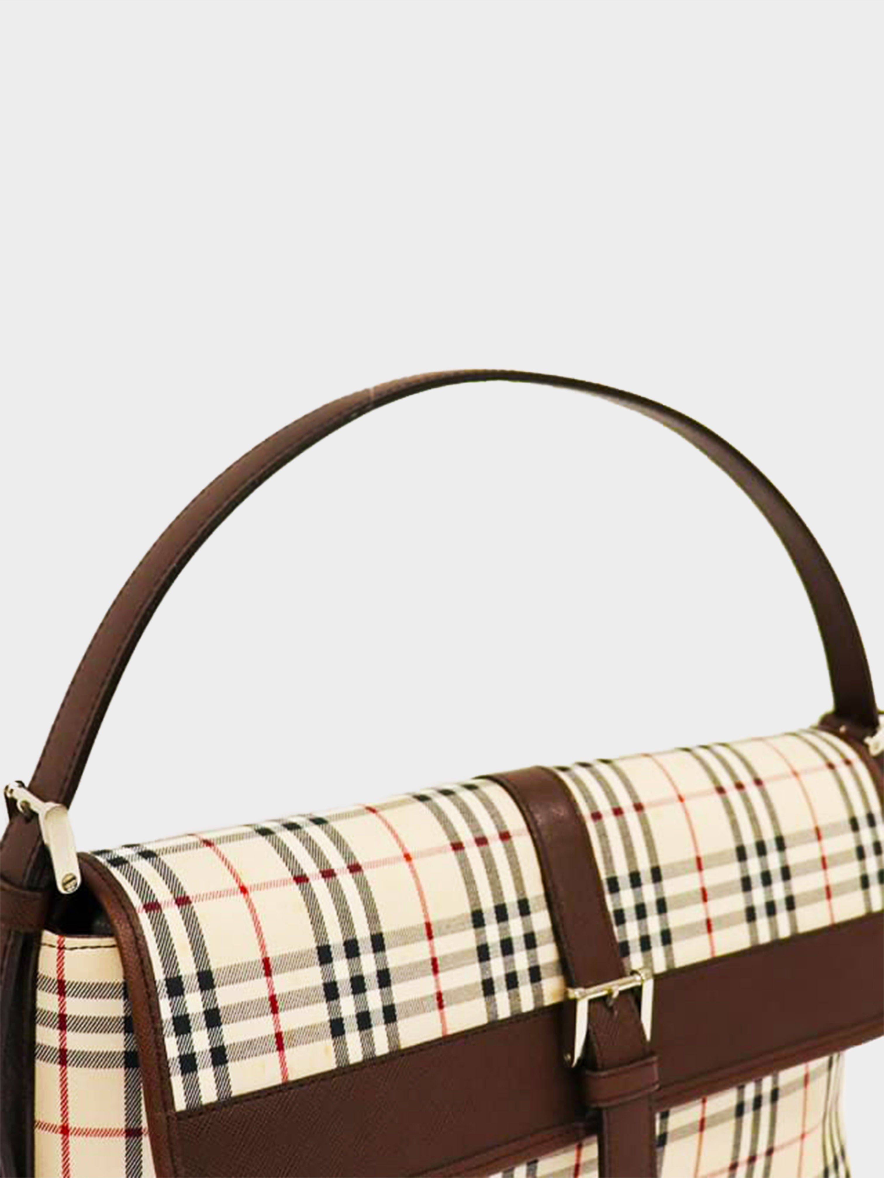 Burberry Brown Leather Shoulder Bag With Nova Check Trim in 