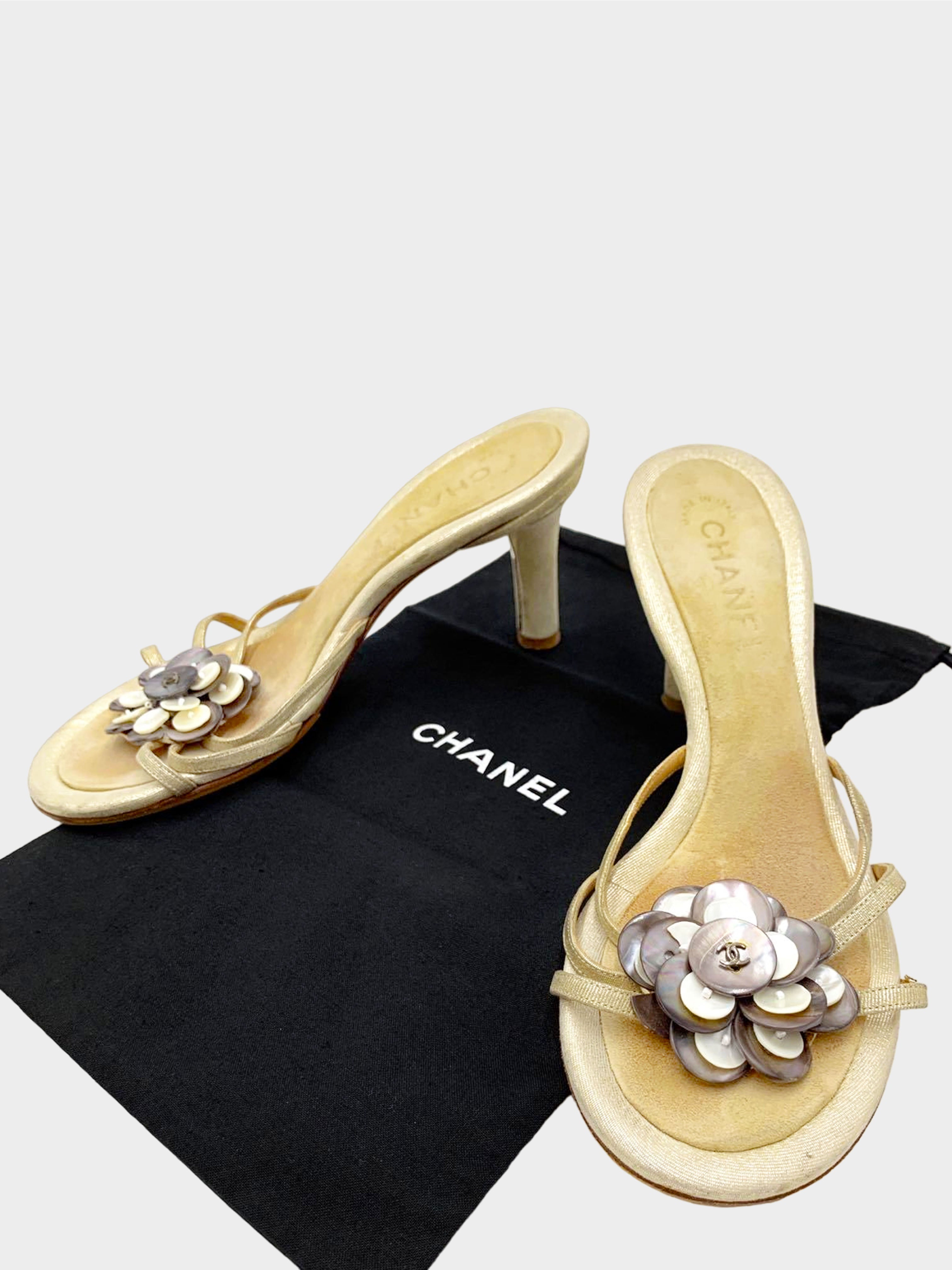 Chanel 2000s Gold and Beige Camellia Heeled Mules · INTO