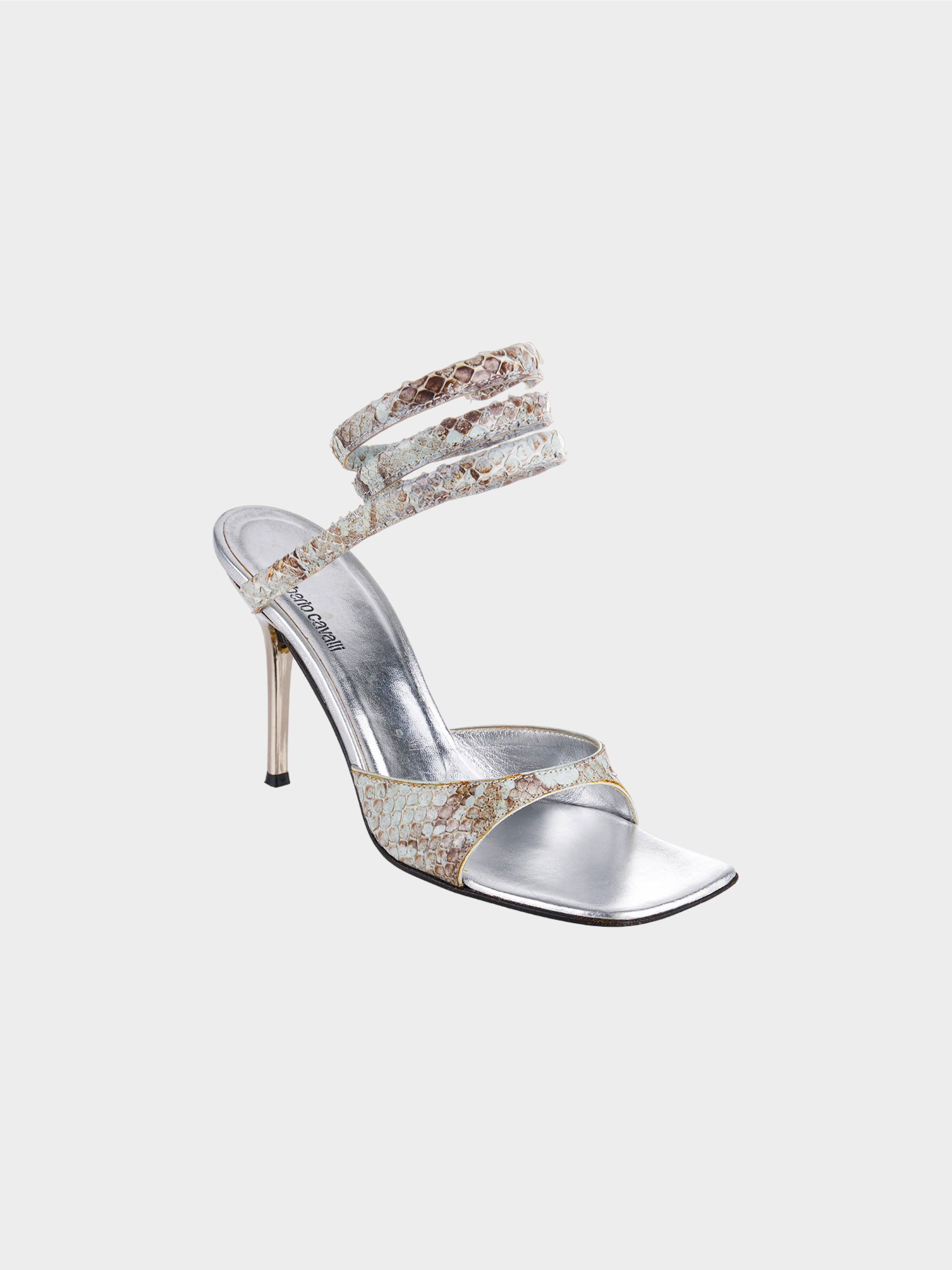 Roberto Cavalli Early 2000s Snakeskin Ankle-Wrap Heels