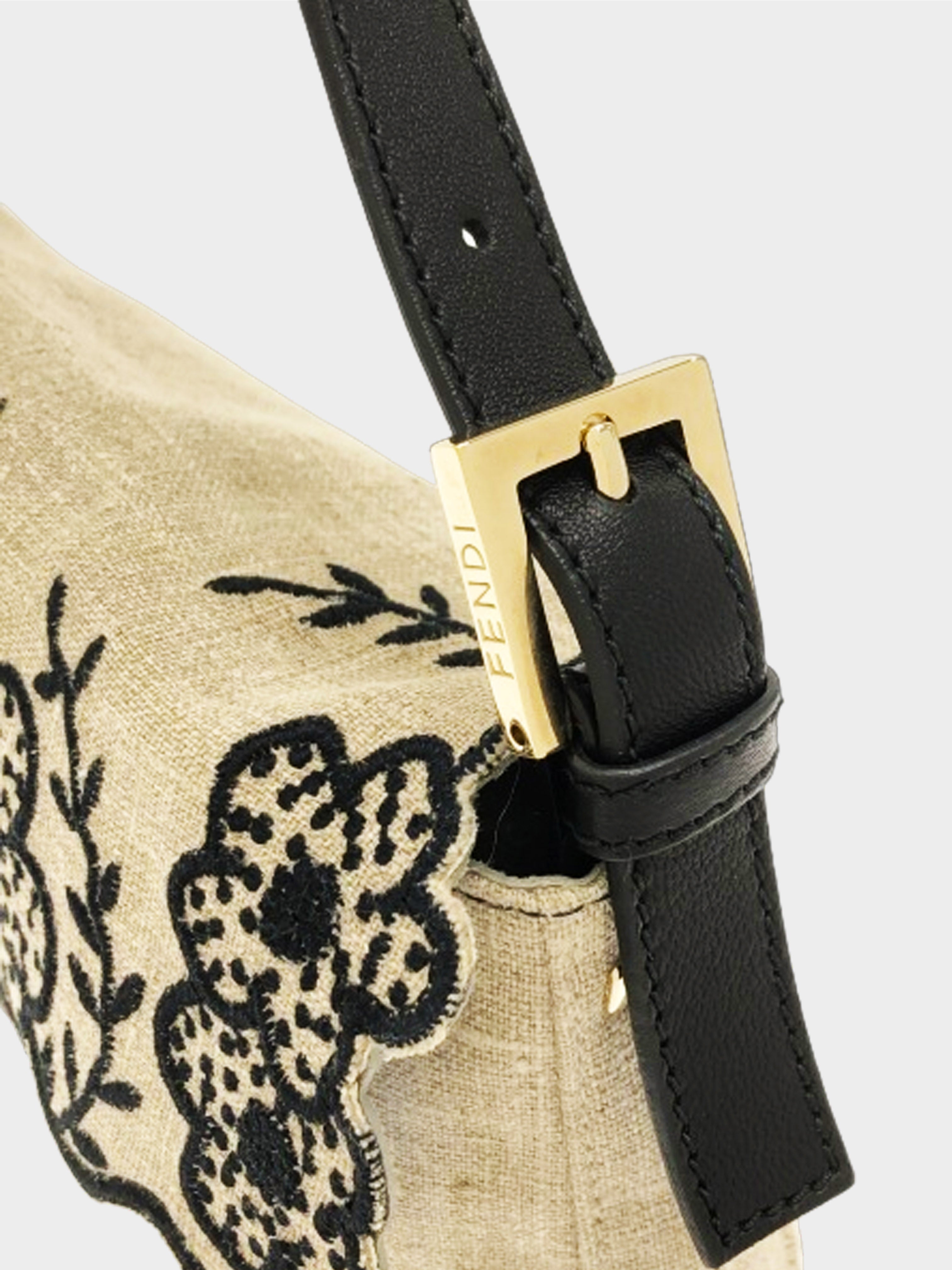 Fendi 2010s Beige Floral Embroidered Linen Baguette