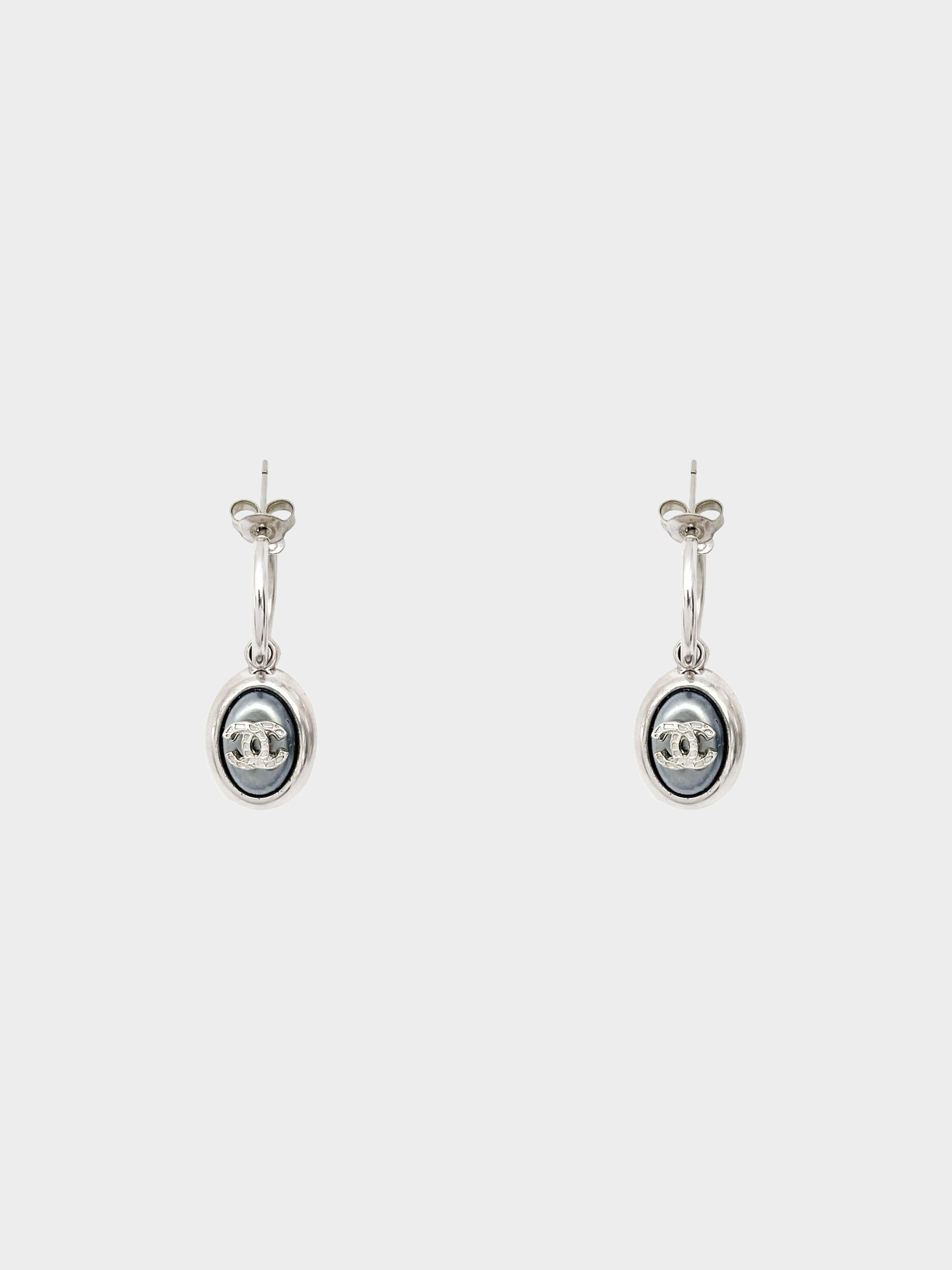 Chanel 2000 CC Logo Grey Pearl Silver Drop Earrings · INTO