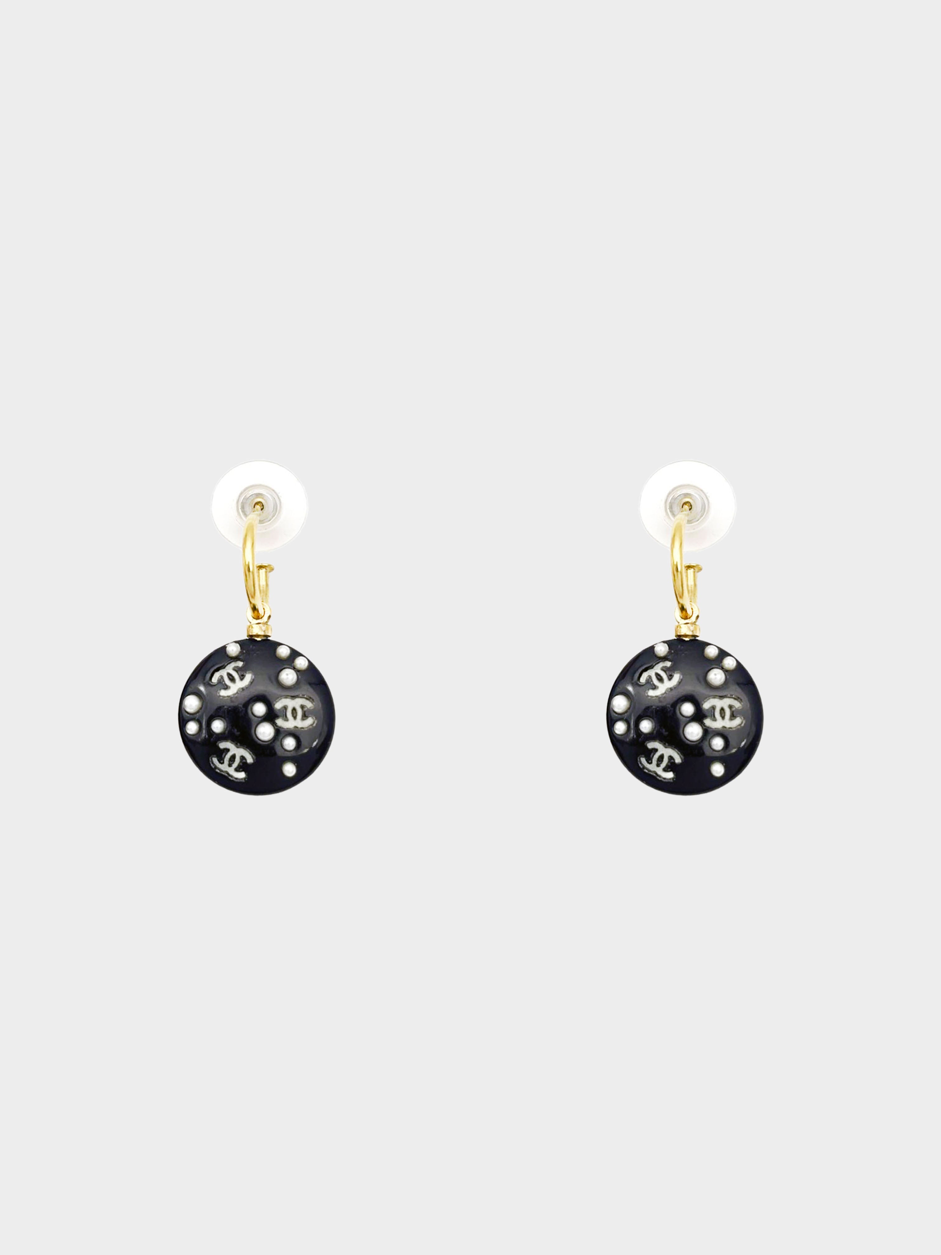 Chanel Black Enamel Star and CC Logo Drop Earrings