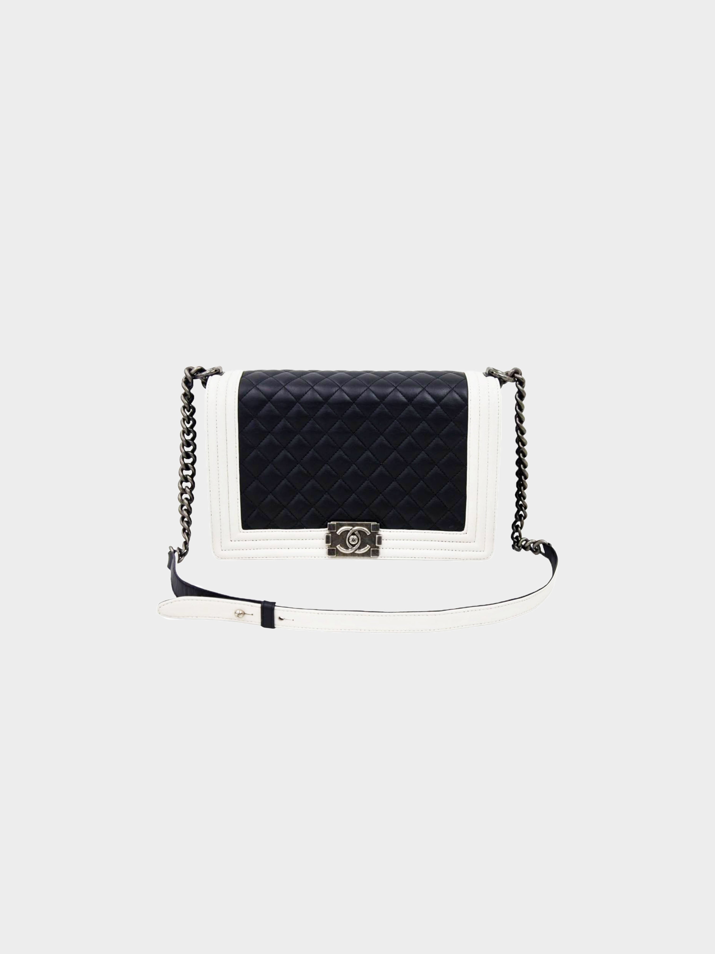Chanel 2014 Black and White Quilted Lambskin Boy Bag
