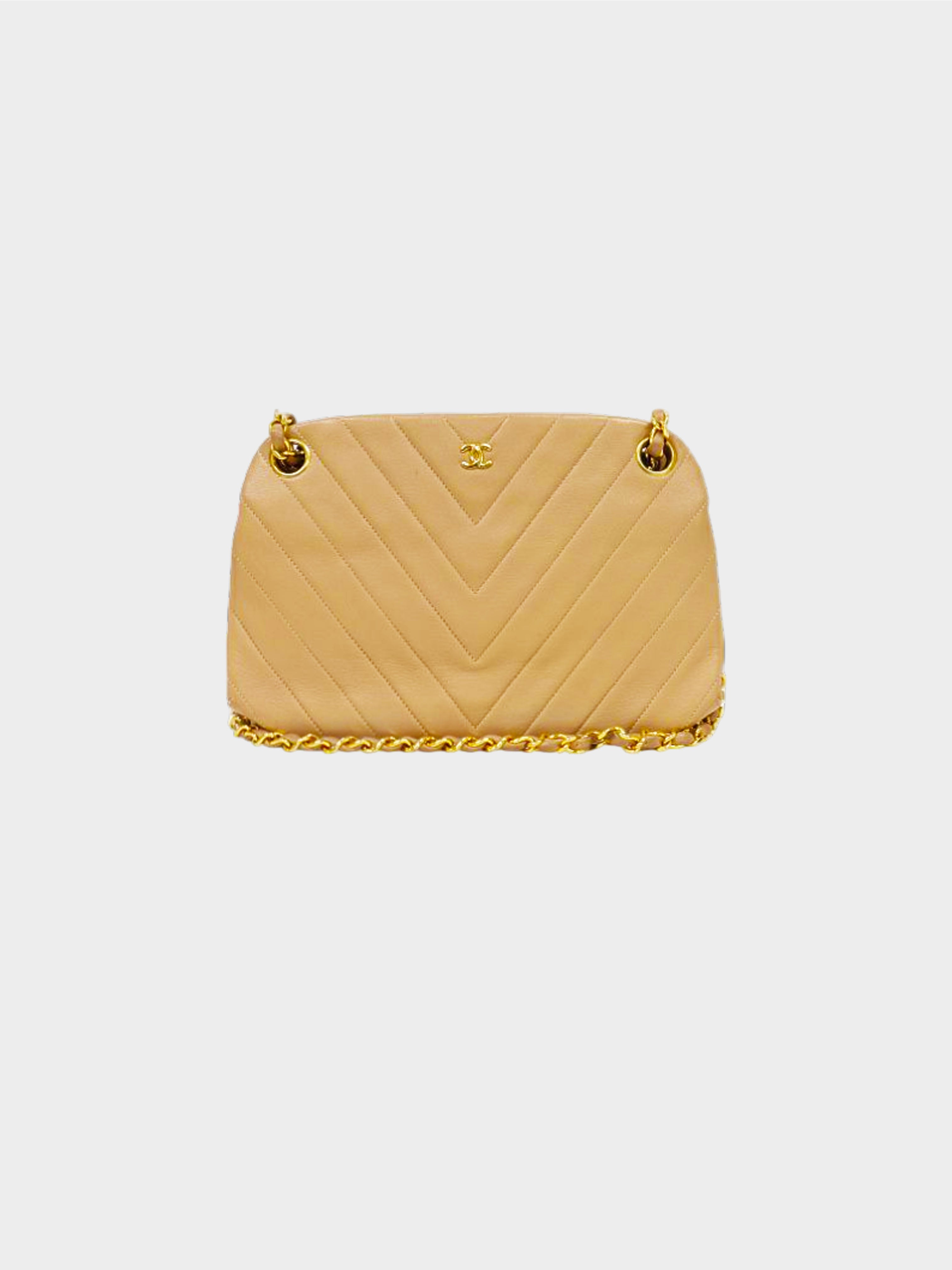 Chanel 1990-1991 Beige Chevron Stitch Chain Shoulder Bag