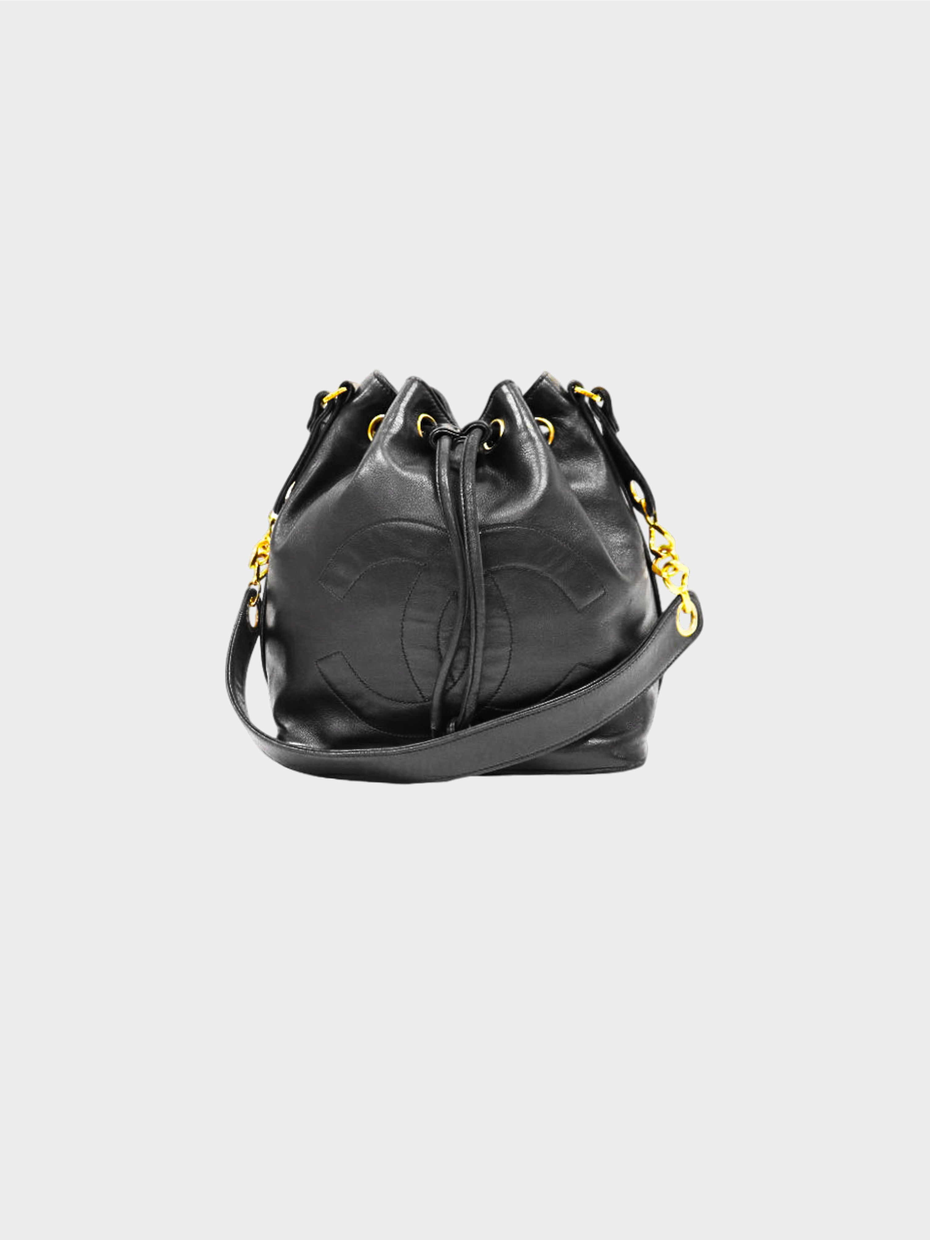 Chanel 1992-1994 Black Lambskin Leather Drawstring Bucket Bag