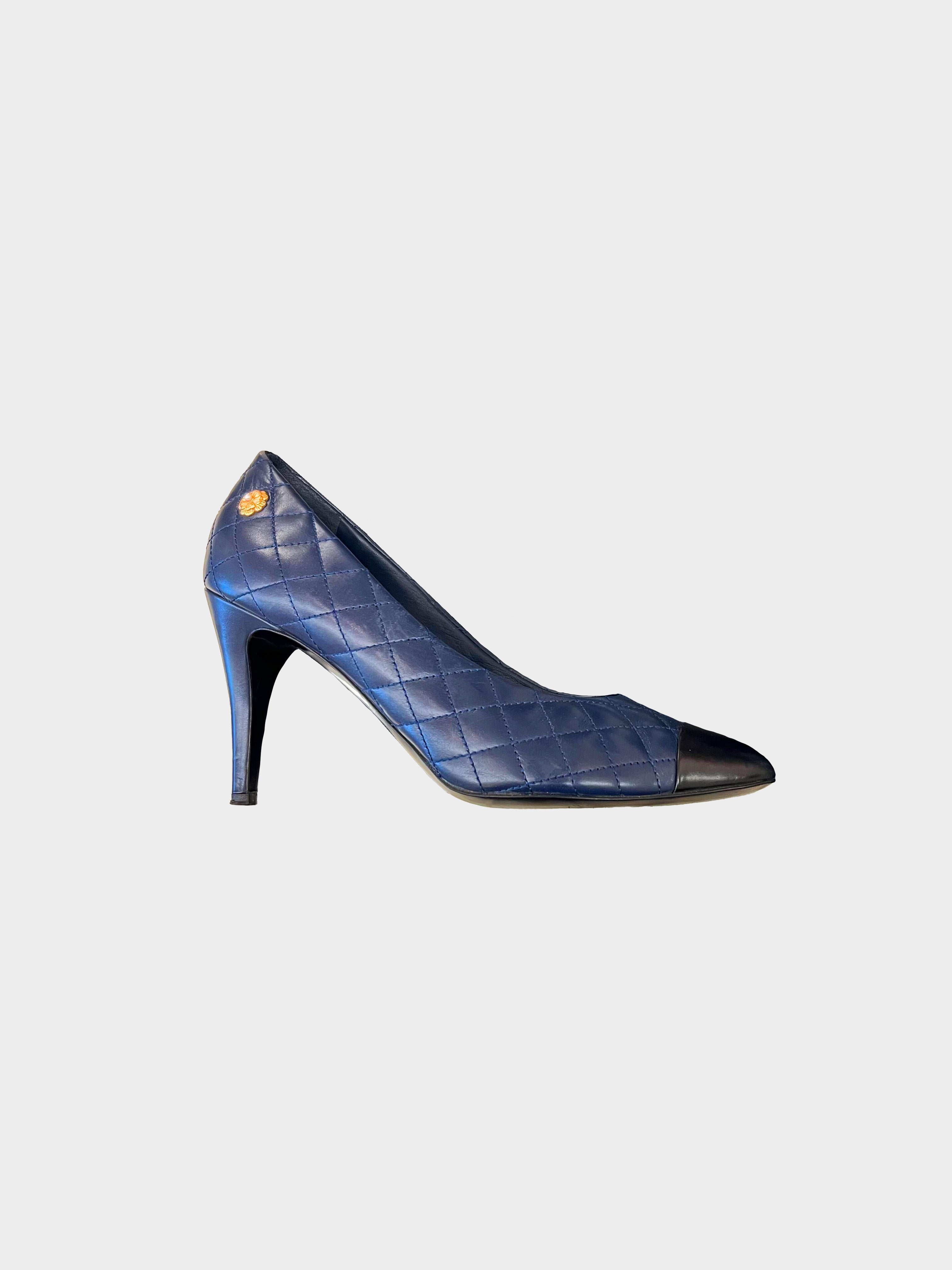 Chanel 2010s Quilted Navy Heels with Gold Camelia