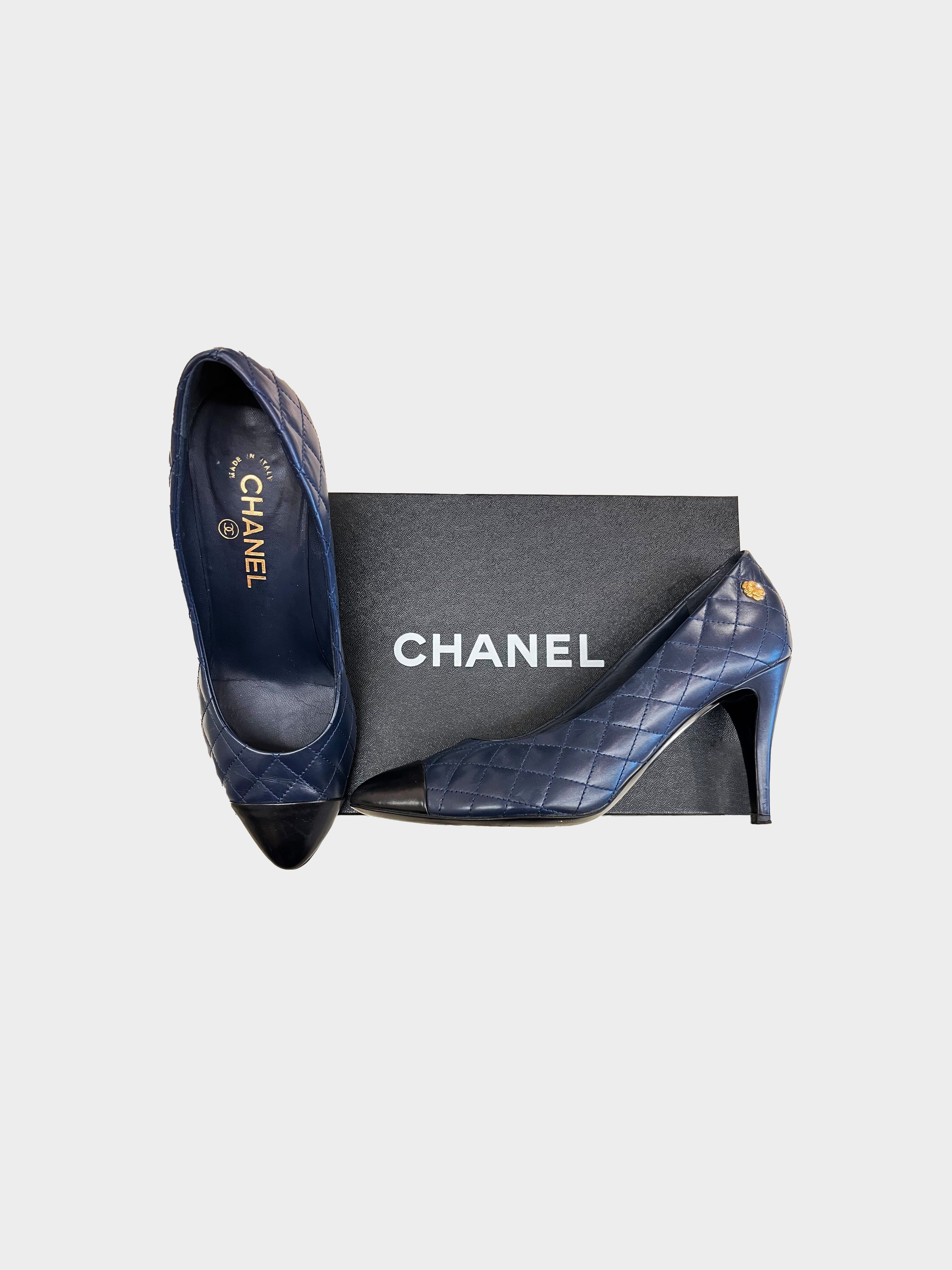 Chanel 2010s Quilted Navy Heels with Gold Camelia