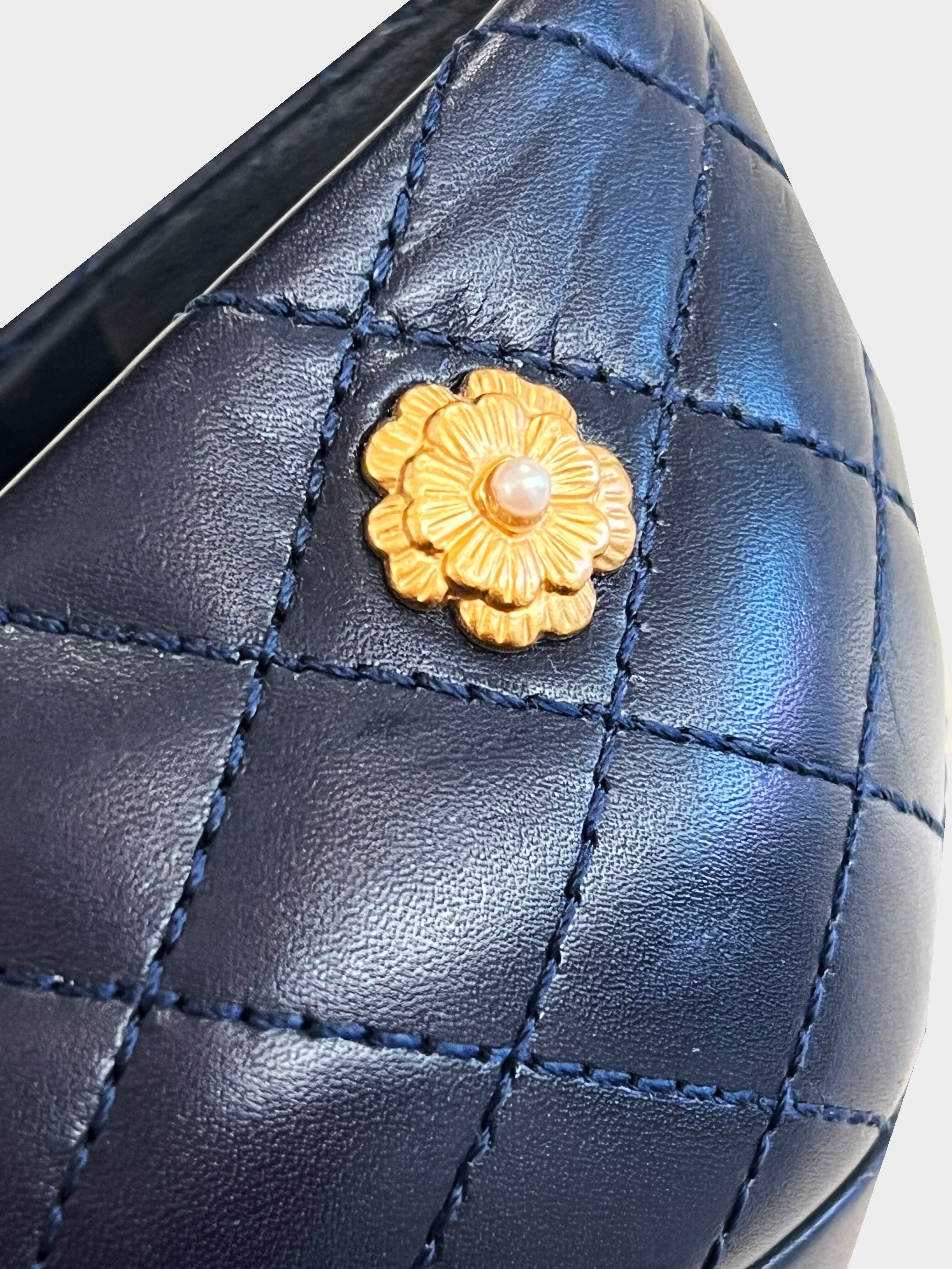 Chanel 2010s Quilted Navy Heels with Gold Camelia