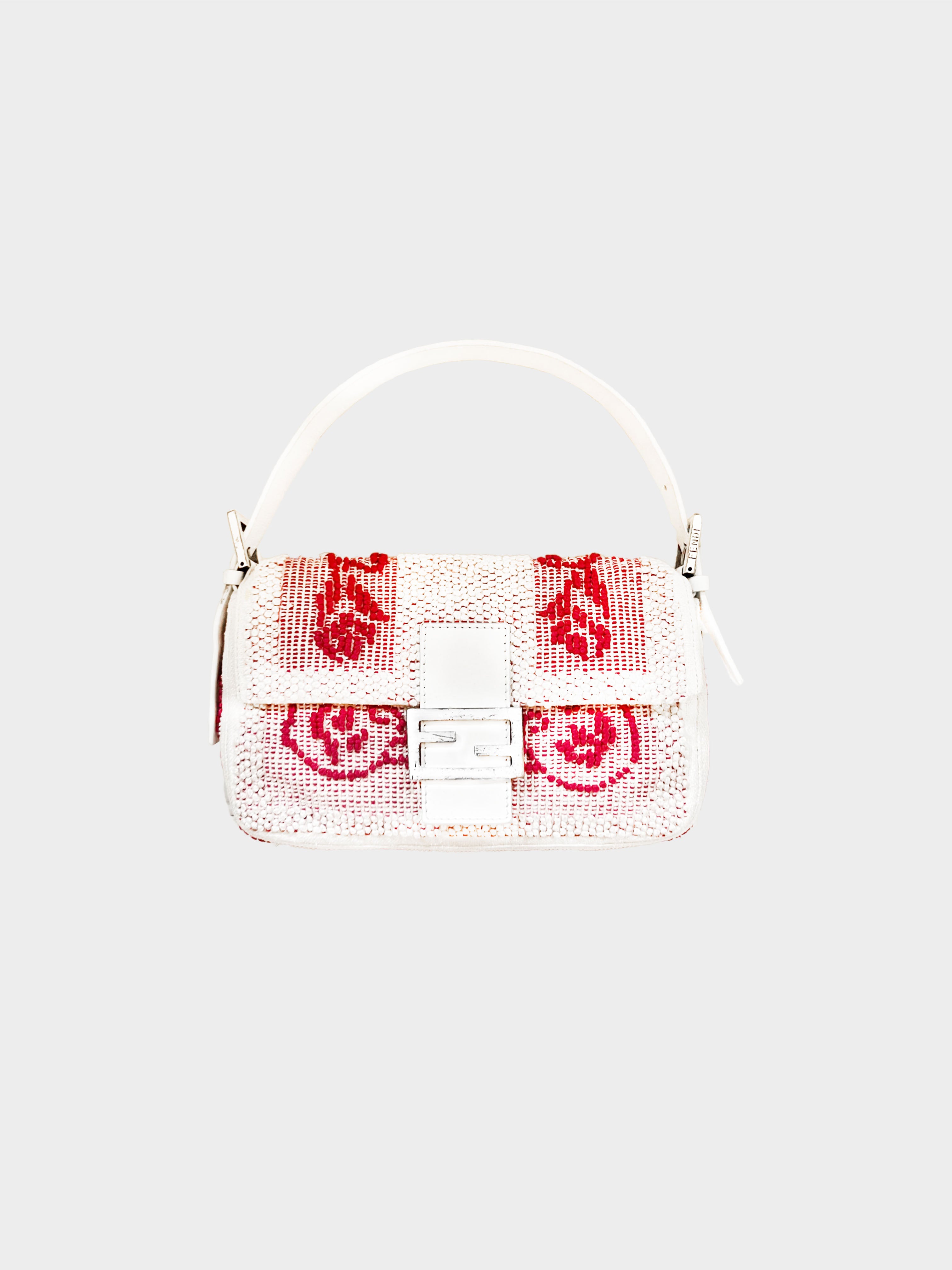 Fendi 2000s Rare White and Red Mesh Beadwork Baguette