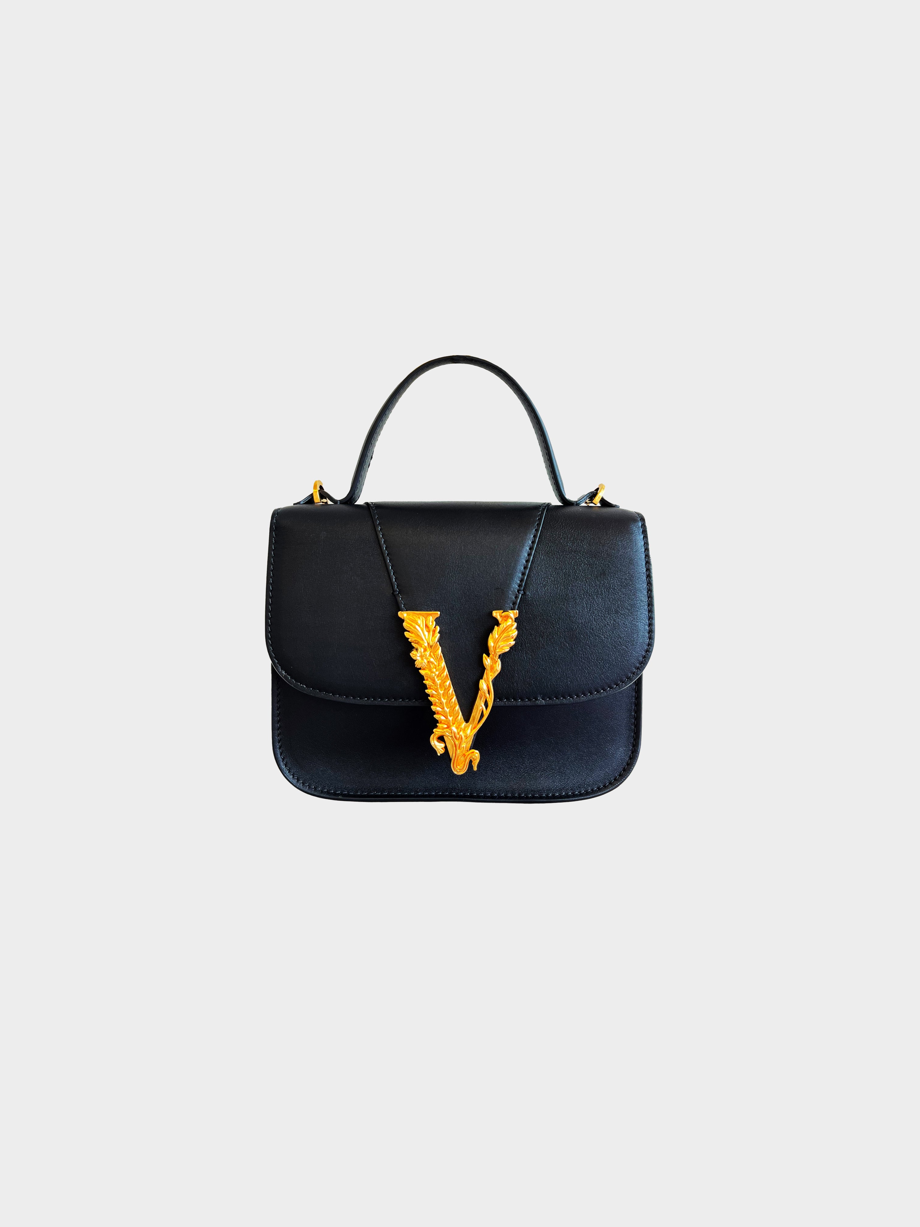 Versace Small Virtus Top Handle Bag In Leather in Black