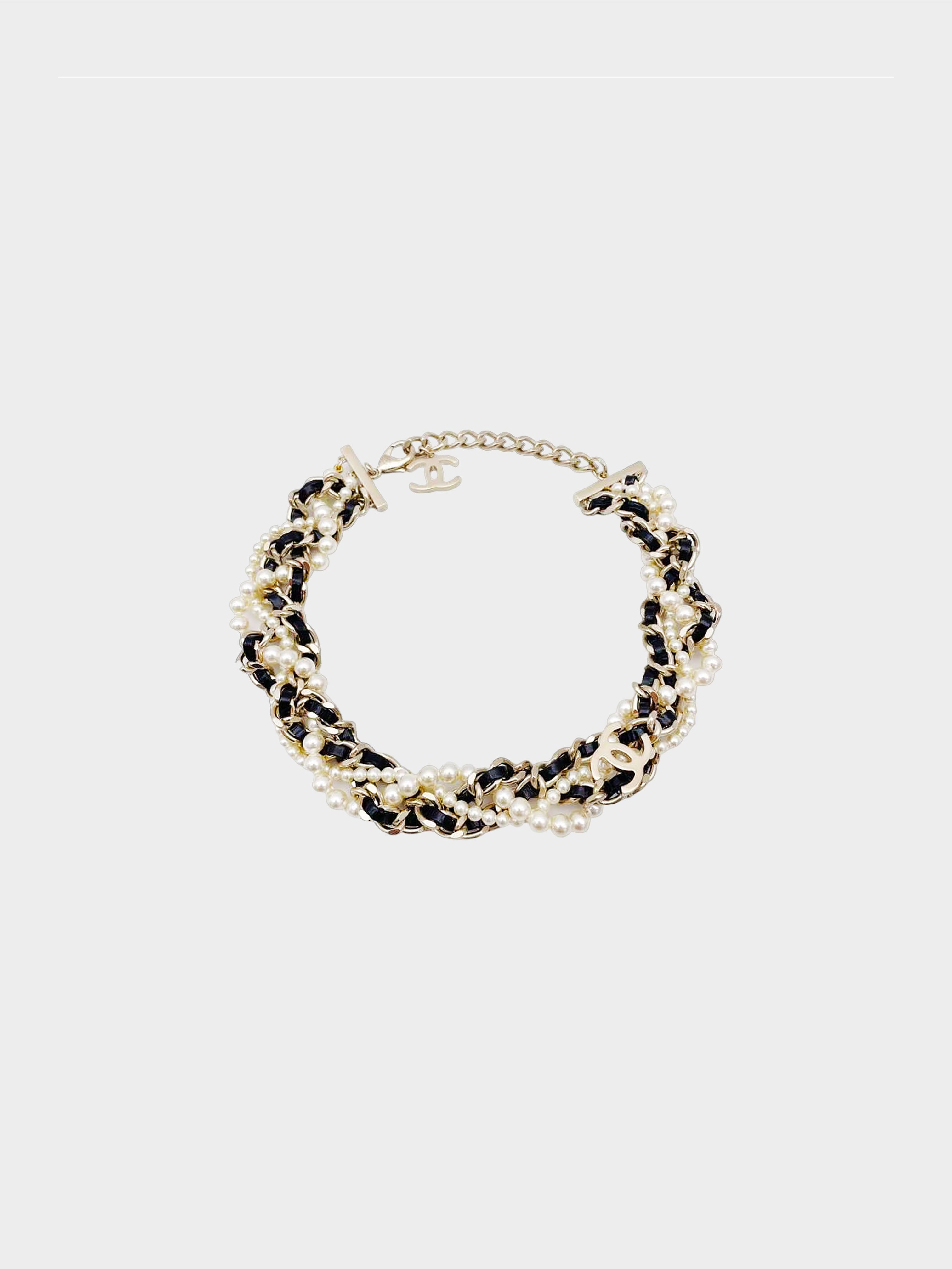 Chanel 2017 Black and Gold CC Pearl Leather Woven Chain Choker