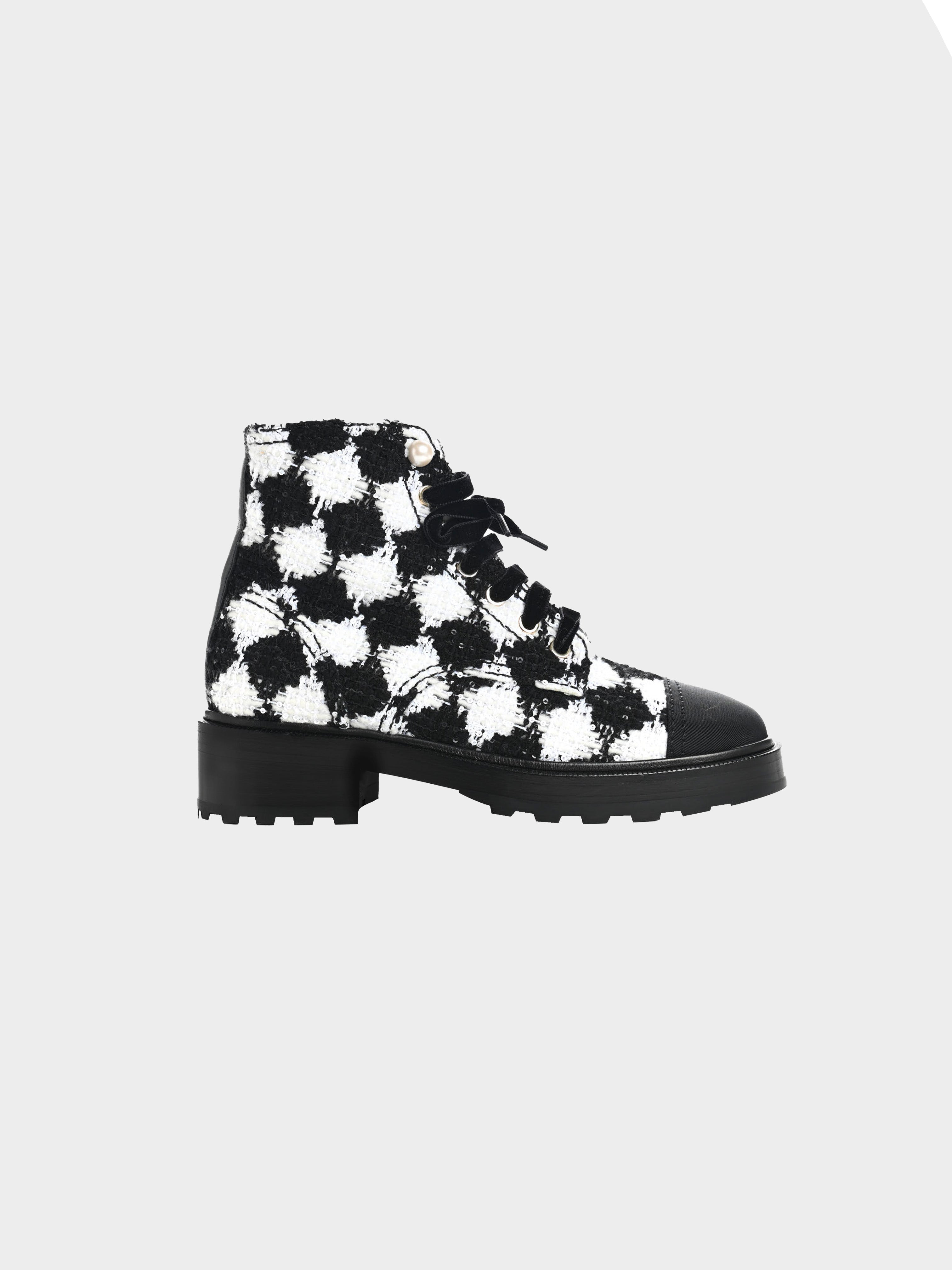 Chanel Pre-Fall 2021 Houndstooth Tweed Combat Boots · INTO