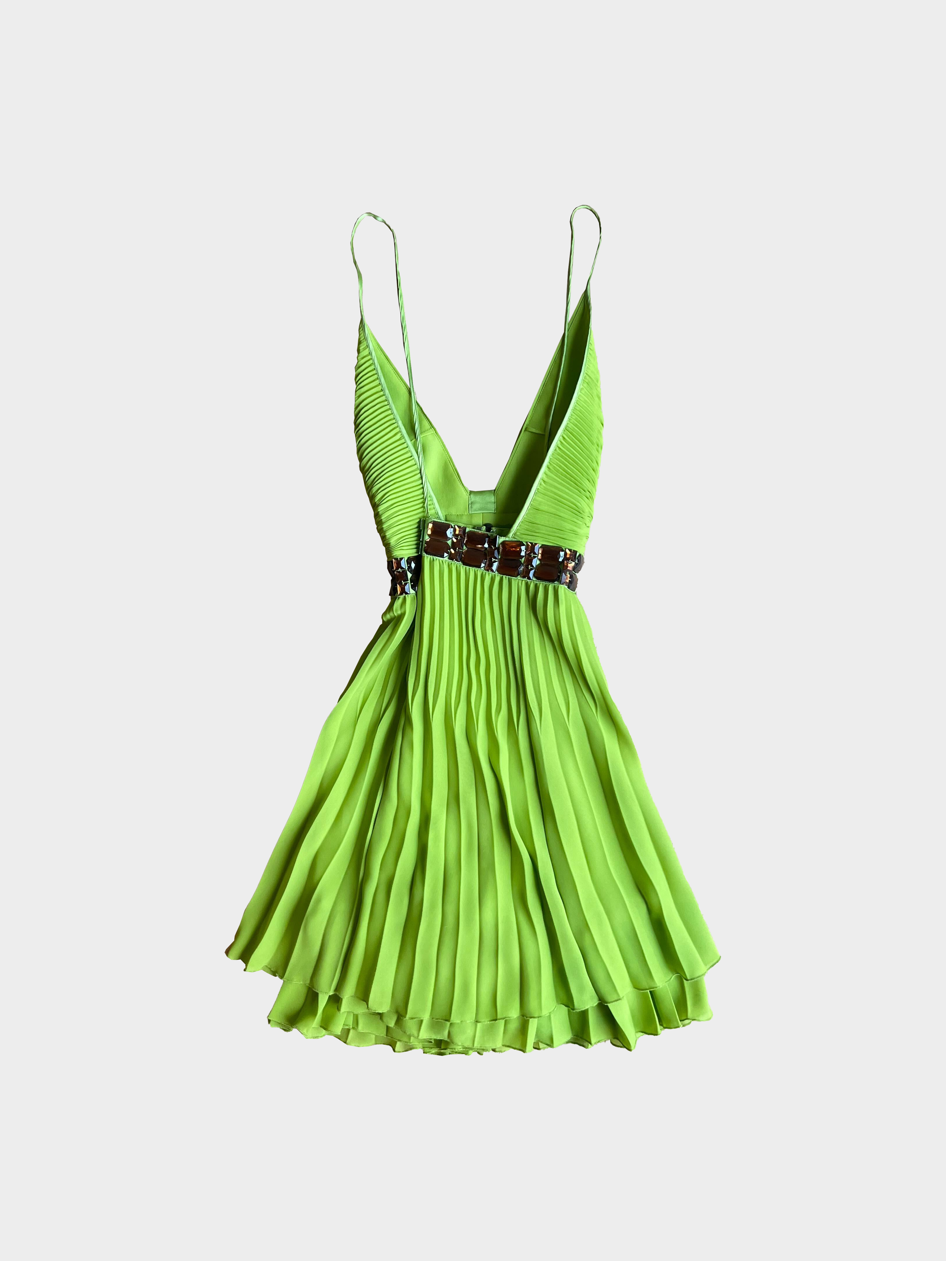 Just Cavalli 2010s Lime Green Silk Strap Mini Dress