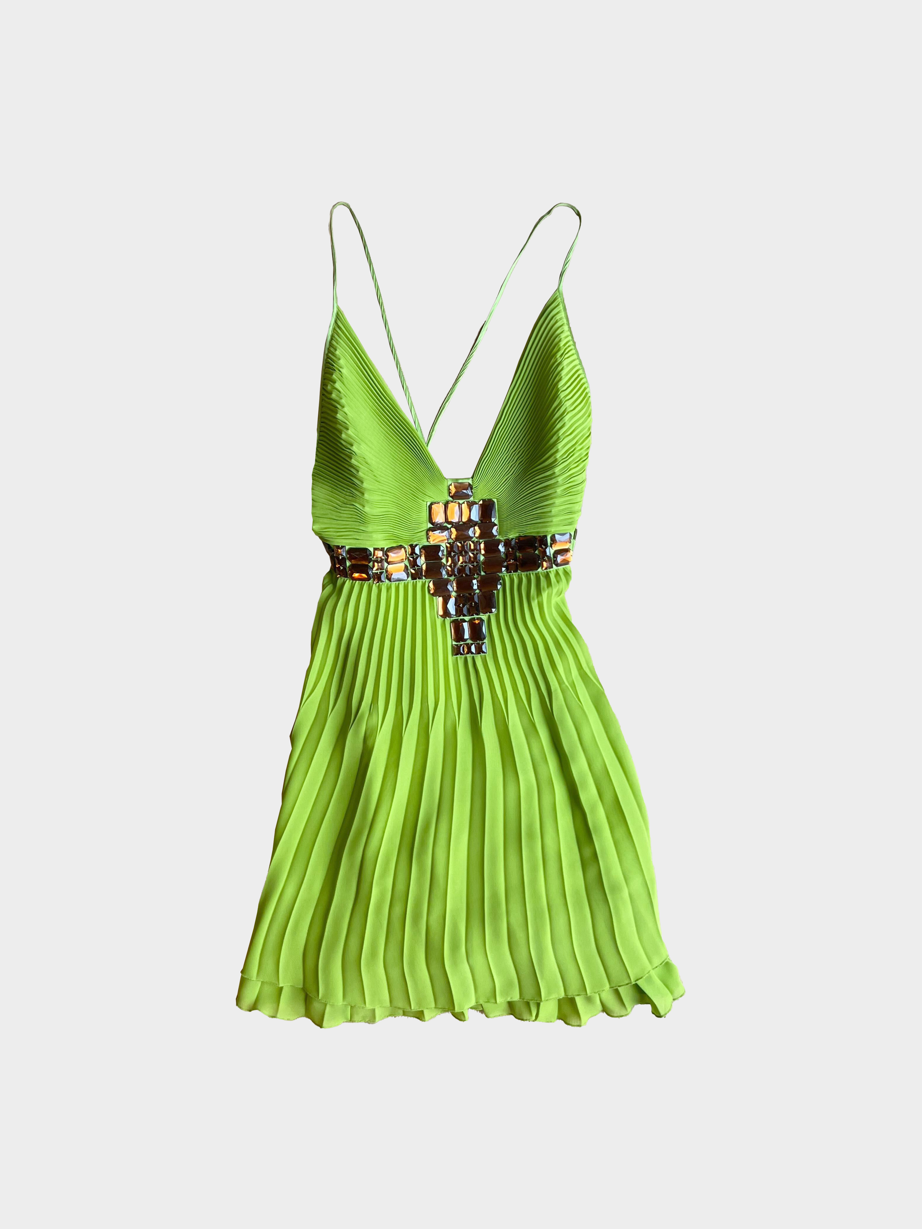 Just Cavalli 2010s Lime Green Silk Strap Mini Dress