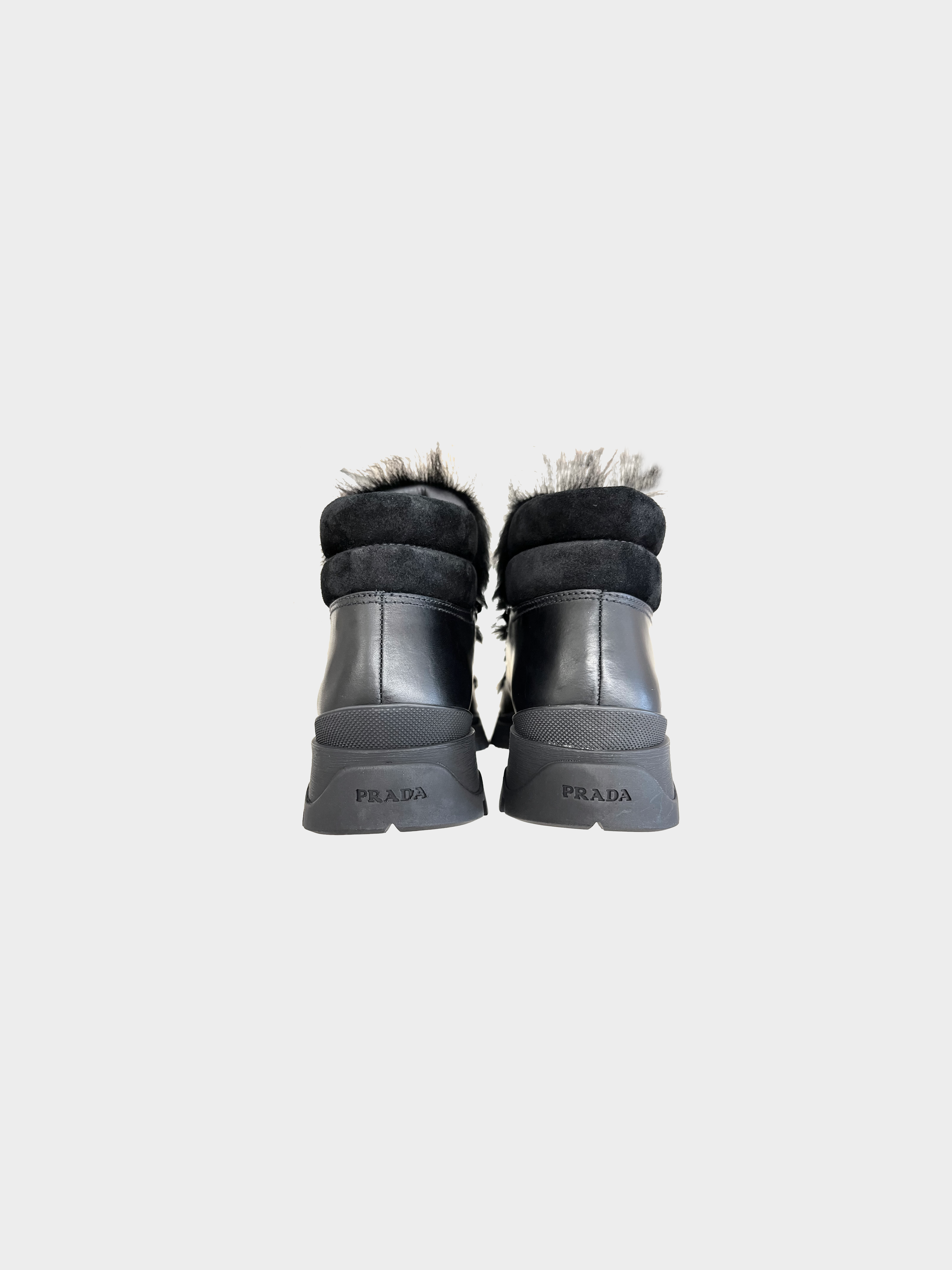 Prada 2022 Black Shearling-Trimmed Leather Ankle Boots