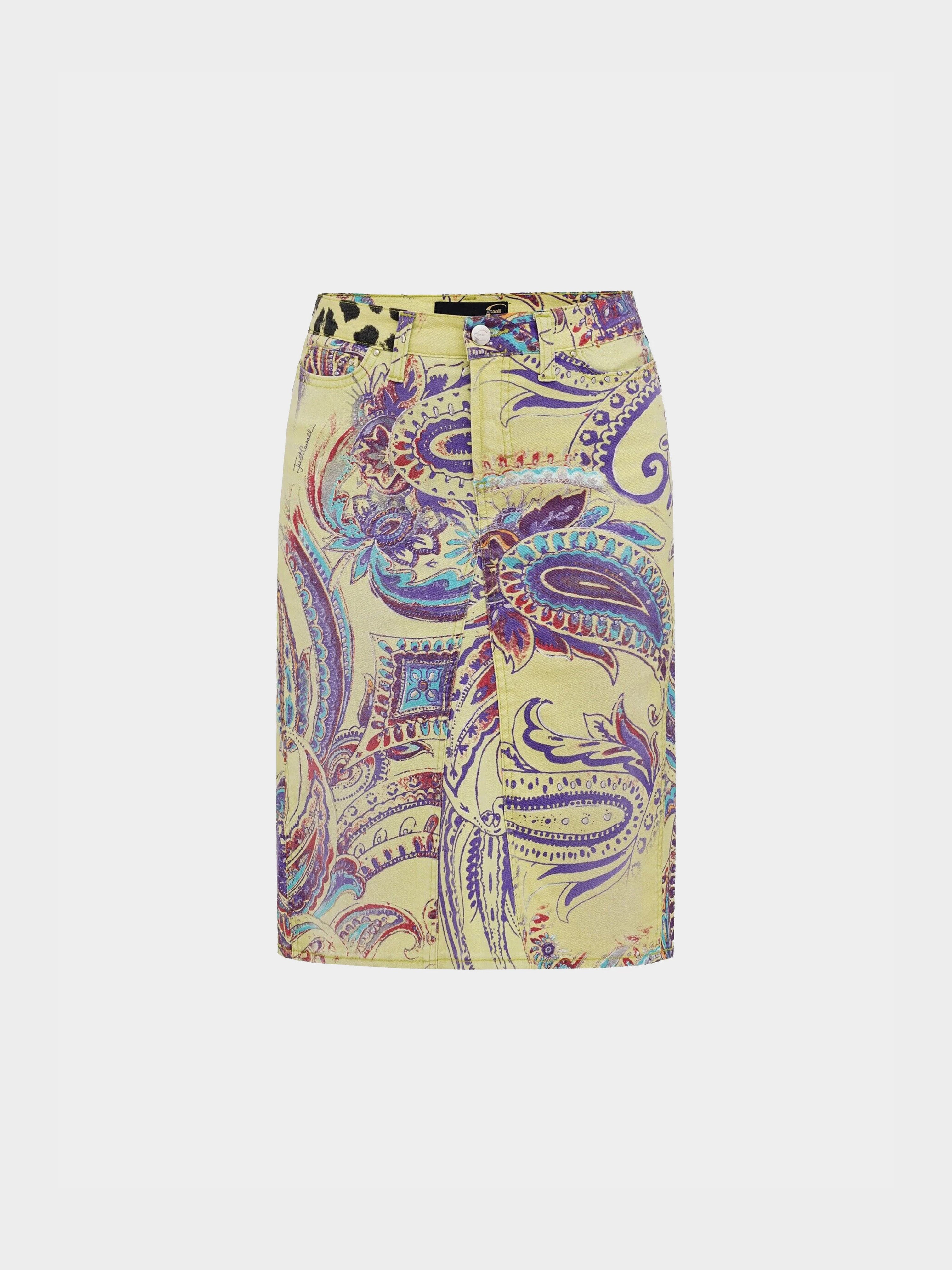 Roberto Cavalli Just Cavalli 2000s Paisley Floral Print Denim Skirt