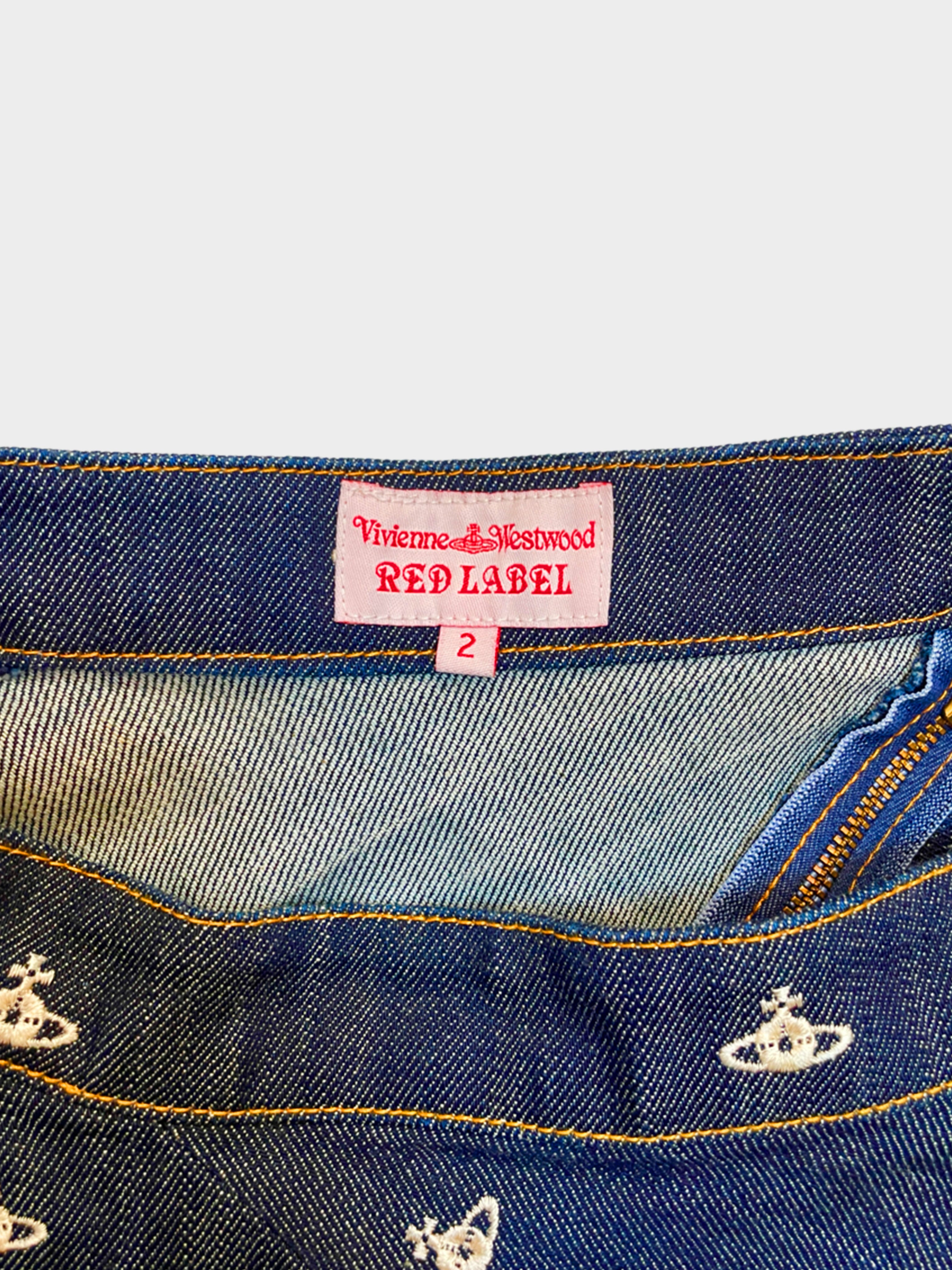 Vivienne Westwood 2000s Orb Embroidery Asymmetrical Denim SKirt · INTO