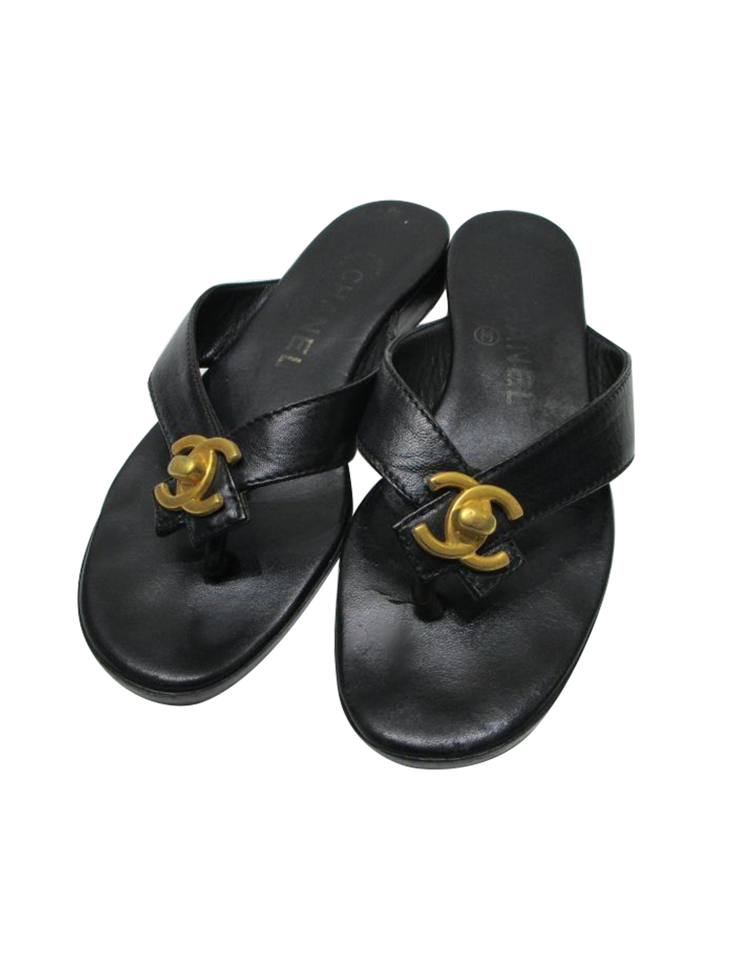 Chanel 2000s Black Leather Flip Flops