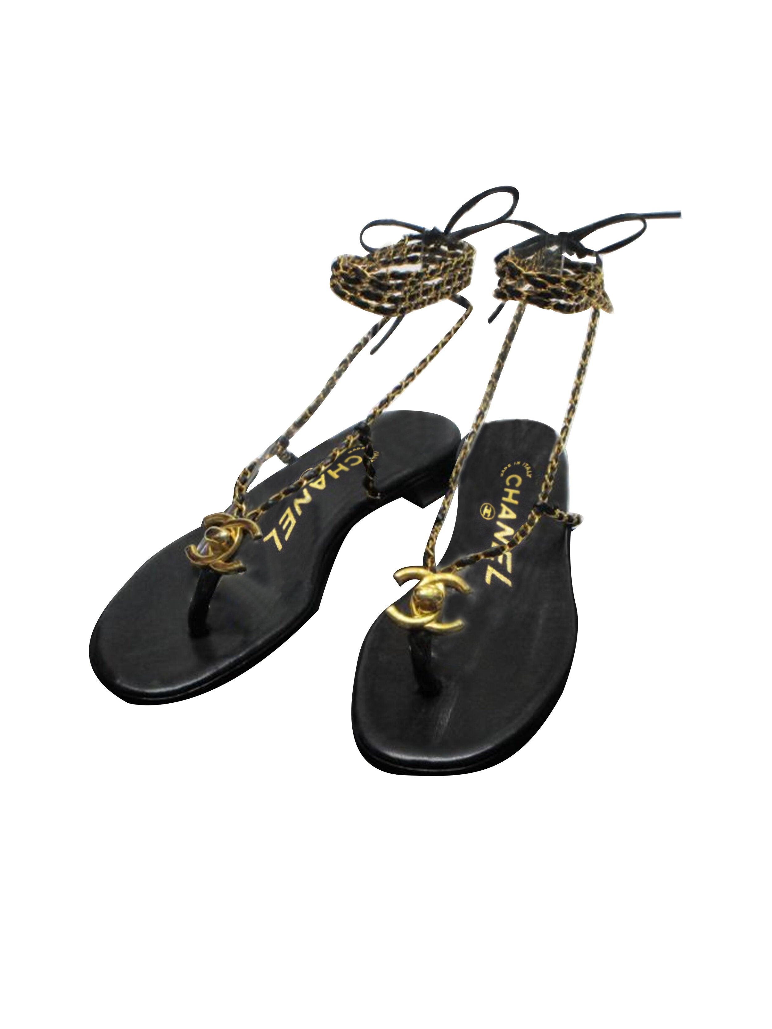 Chanel 2000s Black and Gold Chain Lace Sandals