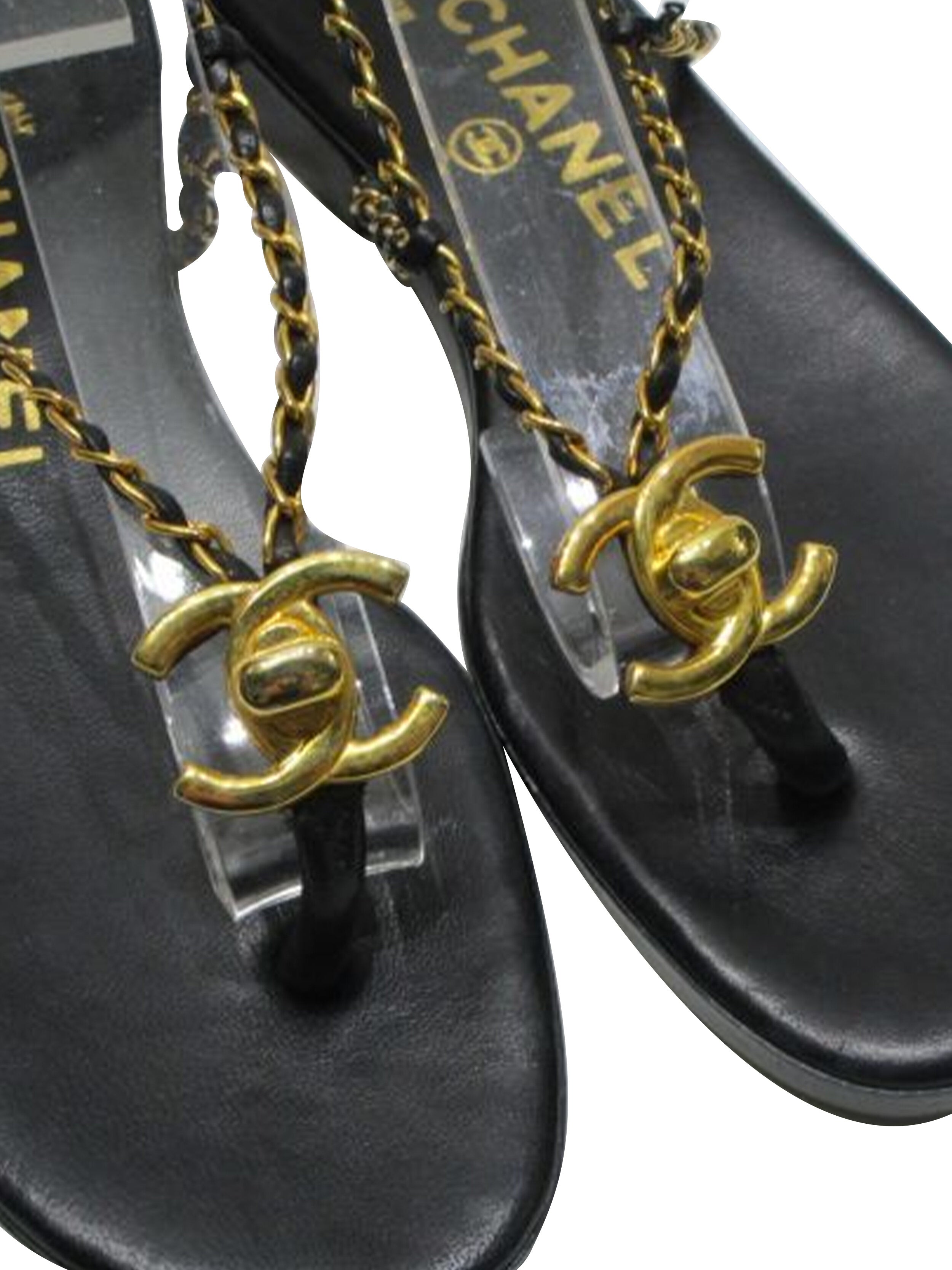 Chanel 2000s Black and Gold Chain Lace Sandals
