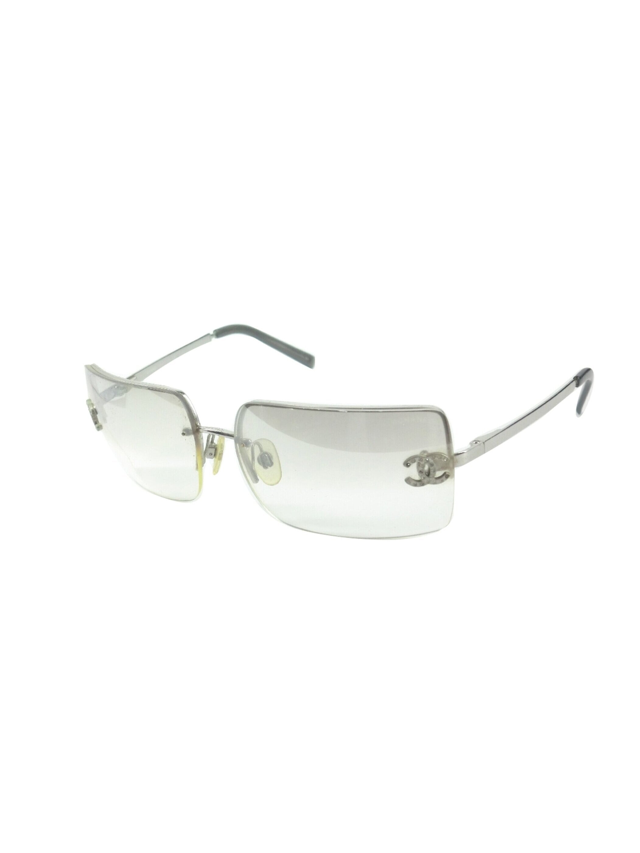 Chanel 2000s CC Gray Rhinestone Rectangle Sunglasses · INTO