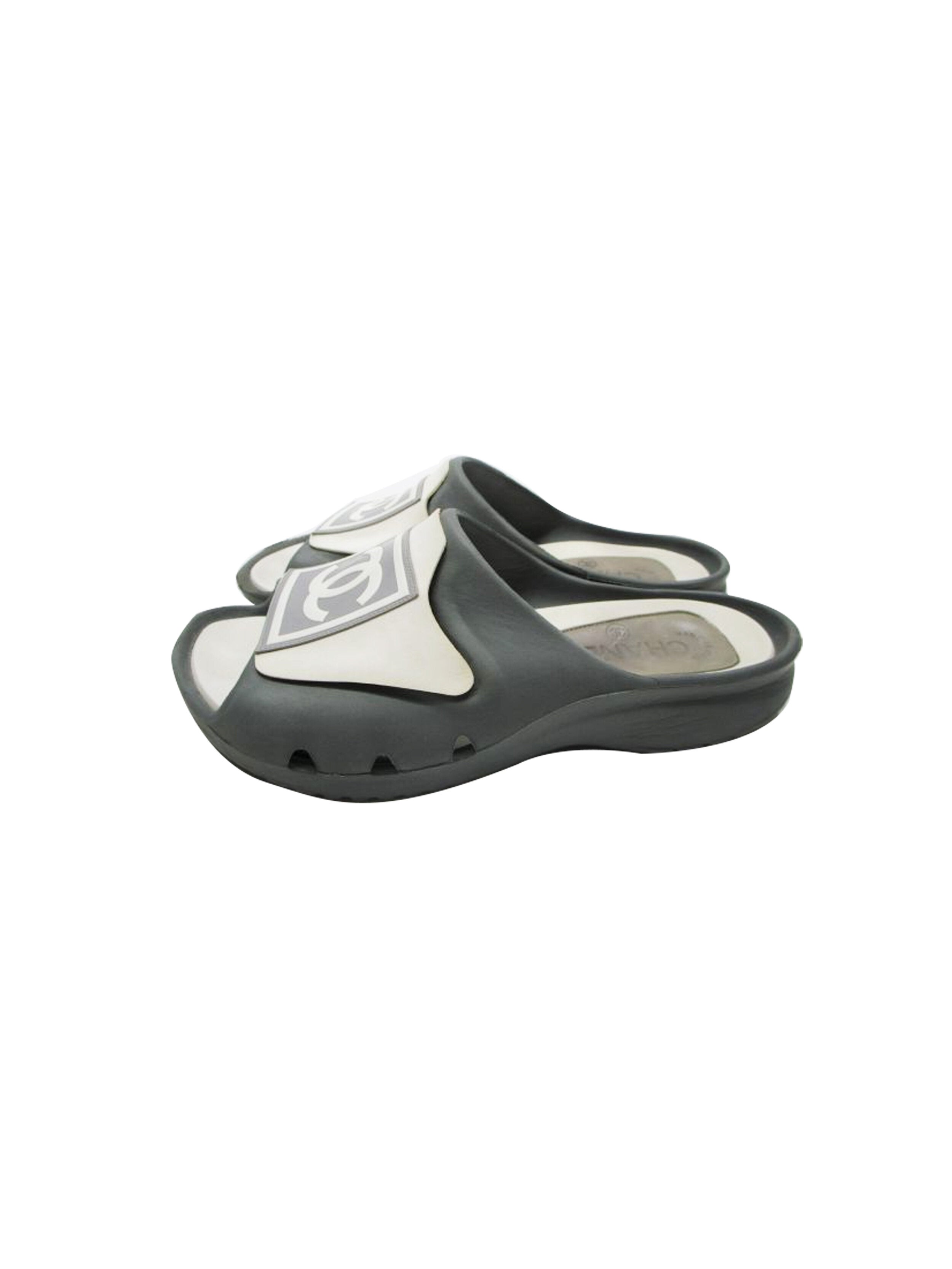 Chanel 2000s Rubber Grey and White Sports Slides · INTO