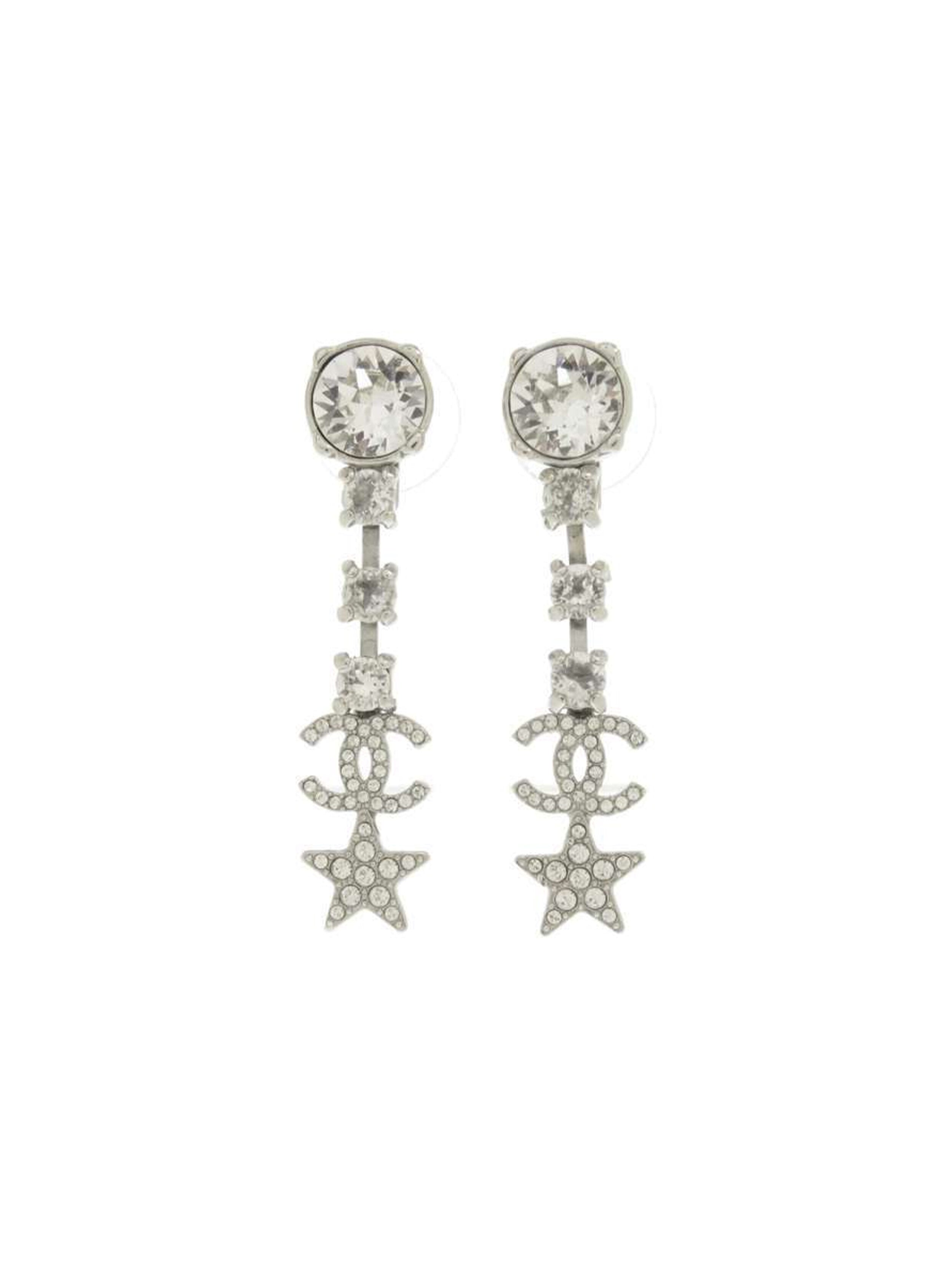 Chanel Star Silver Rhinestone Drop Earrings