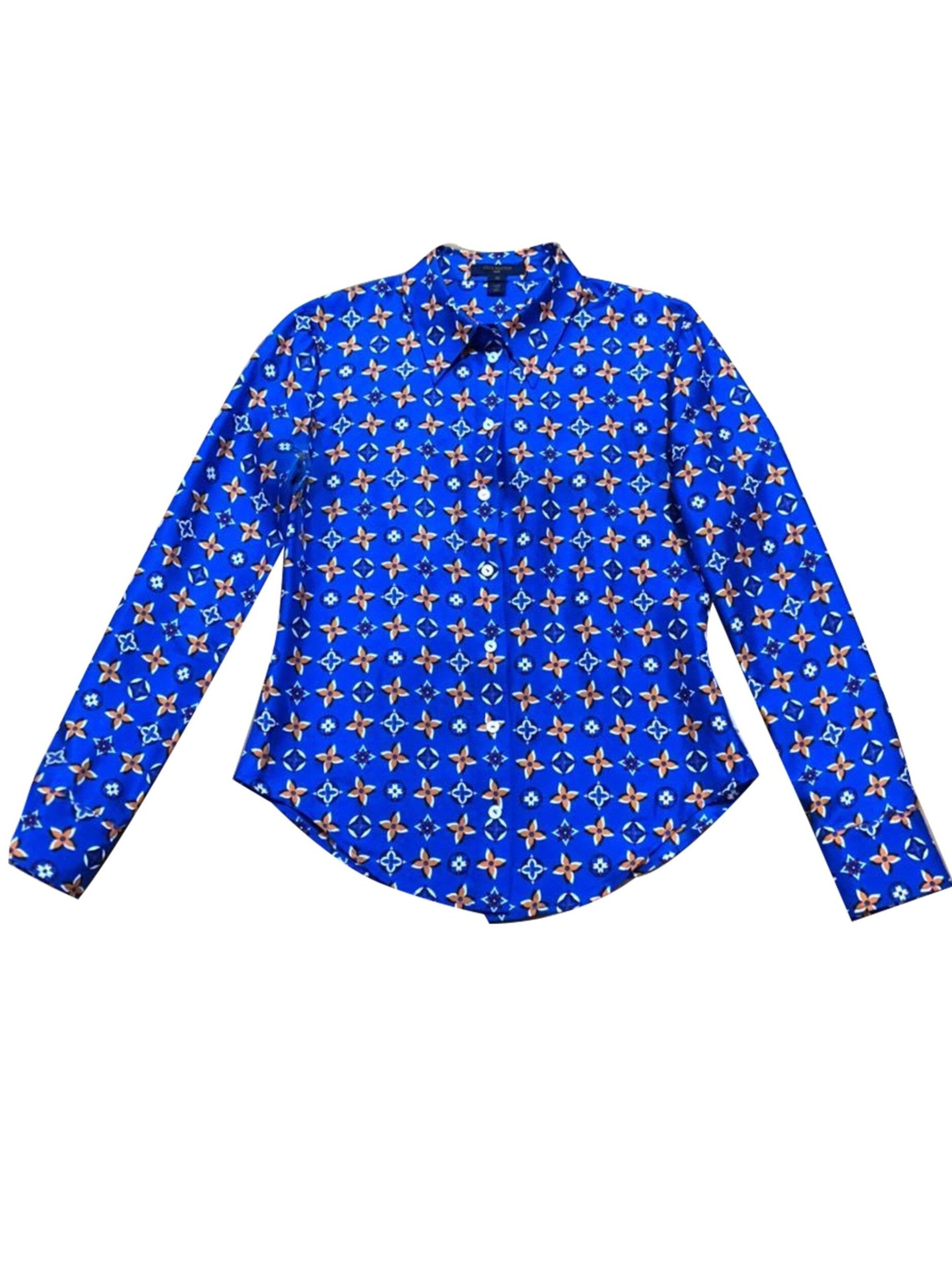 Louis Vuitton Button Up Denim Print Monogram Shirt Blue Silk