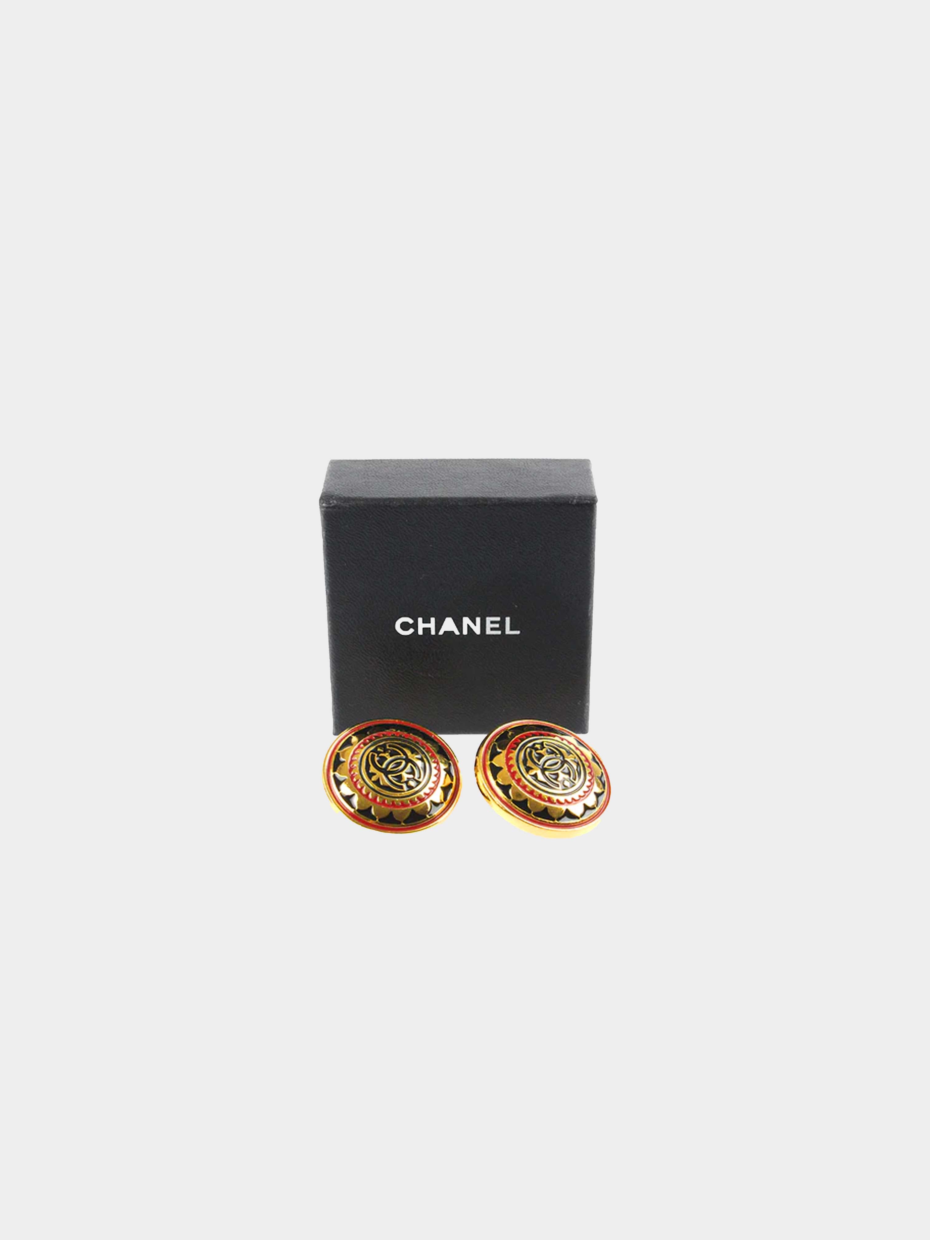 Chanel 1990s Red Patterned Logo Earrings