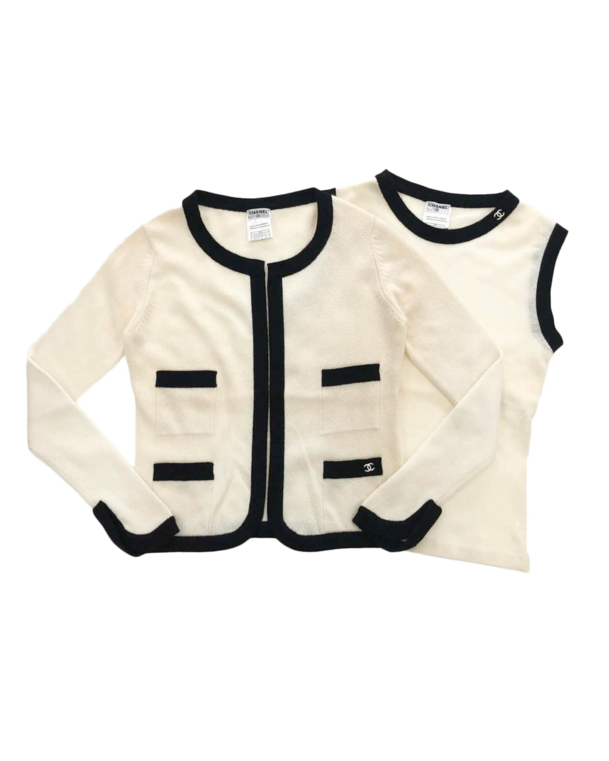 Chanel 2000s Cream and Black Cashmere Cardigan Set