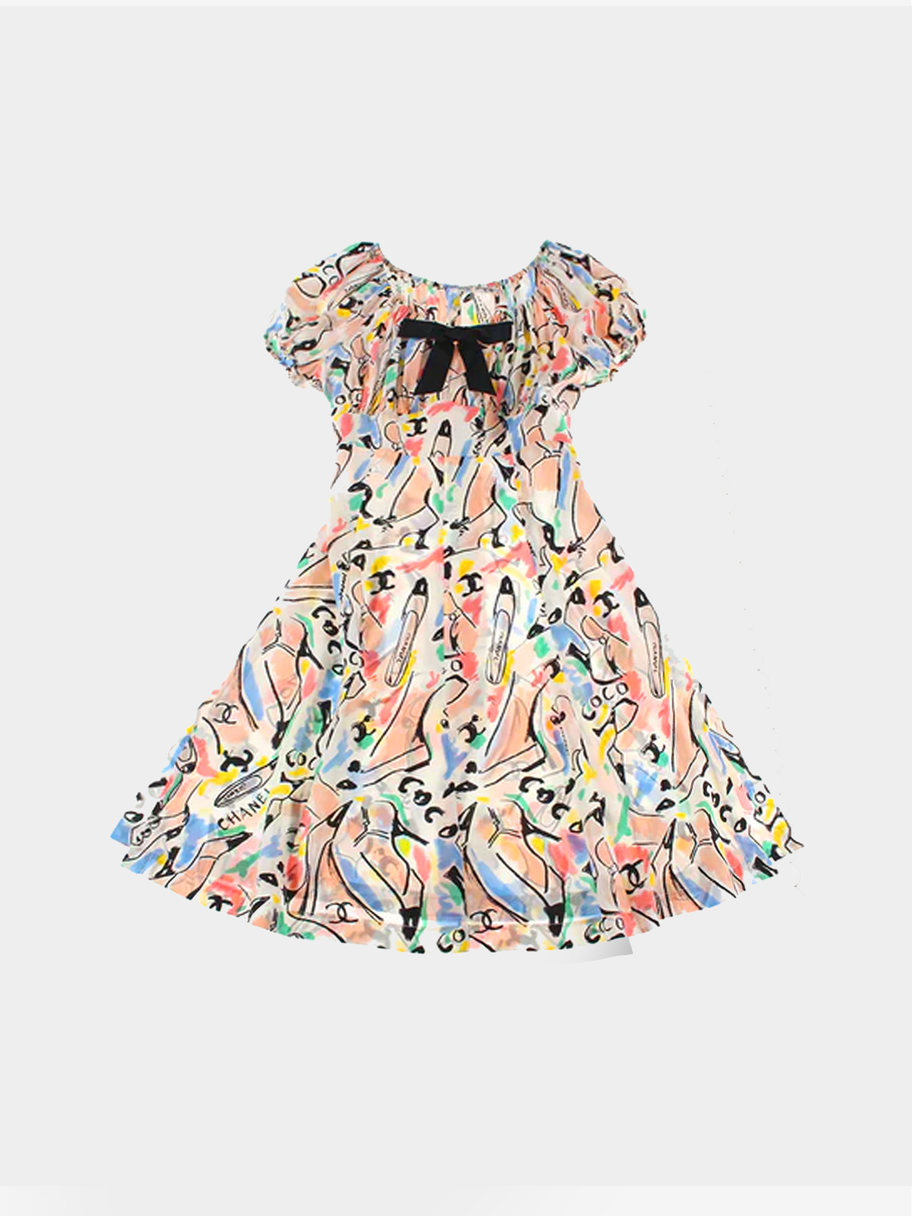 Chanel 2000s Bow Coco Silk Printed Dress