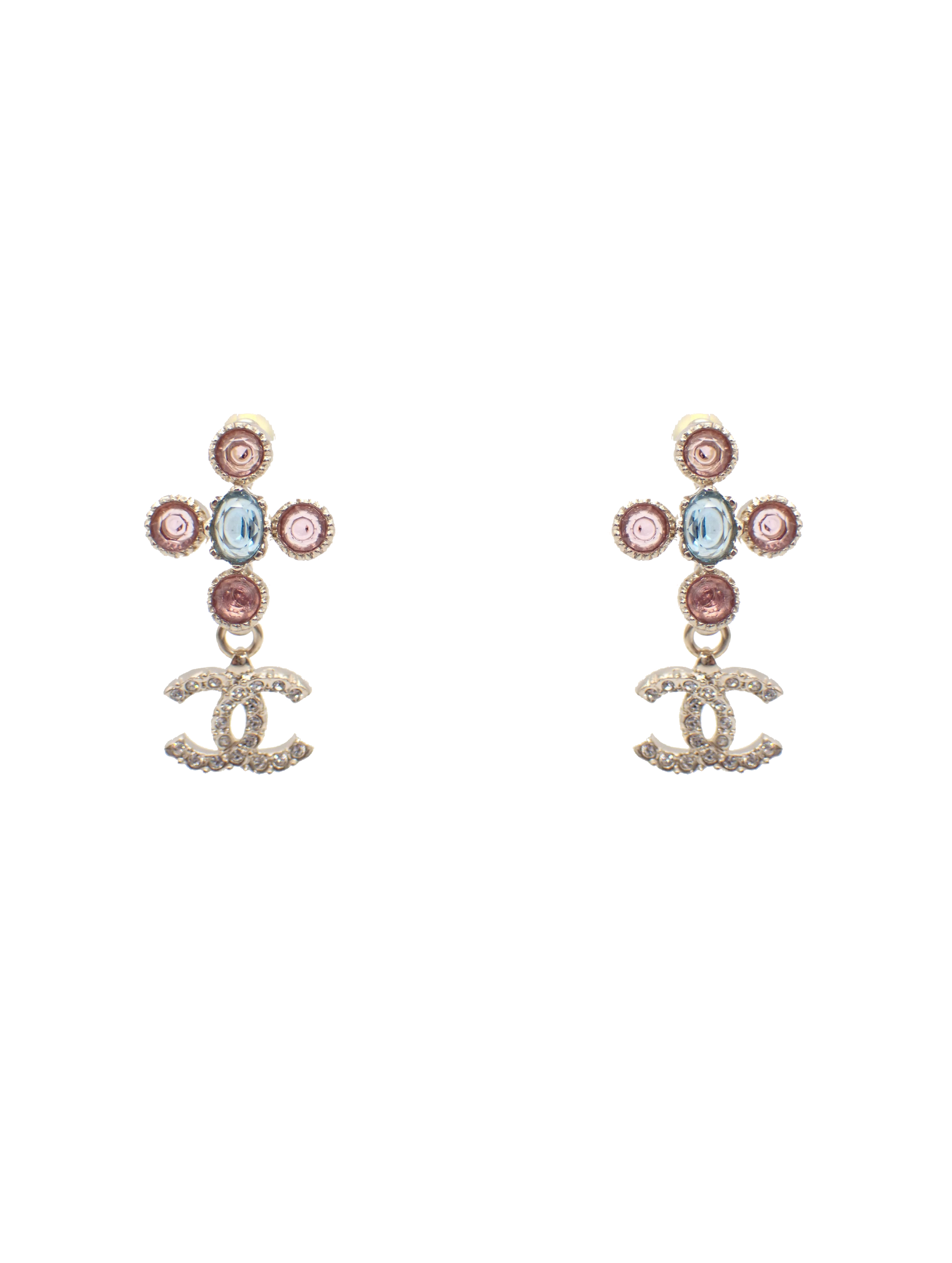Chanel 2010 Pink and Blue Cross Crystal Logo Earring